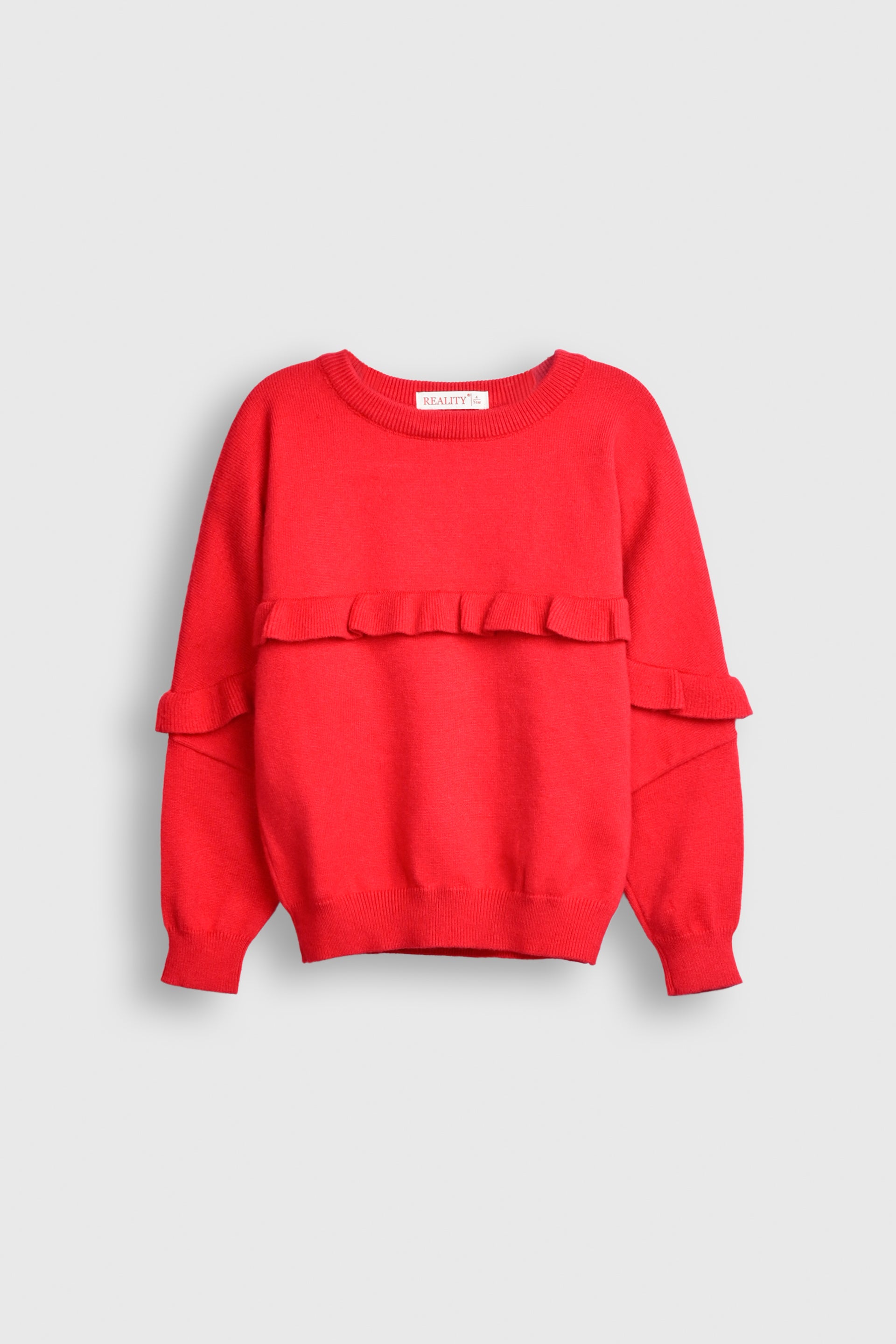 Red Ruffle Delight Knit Sweater Reality