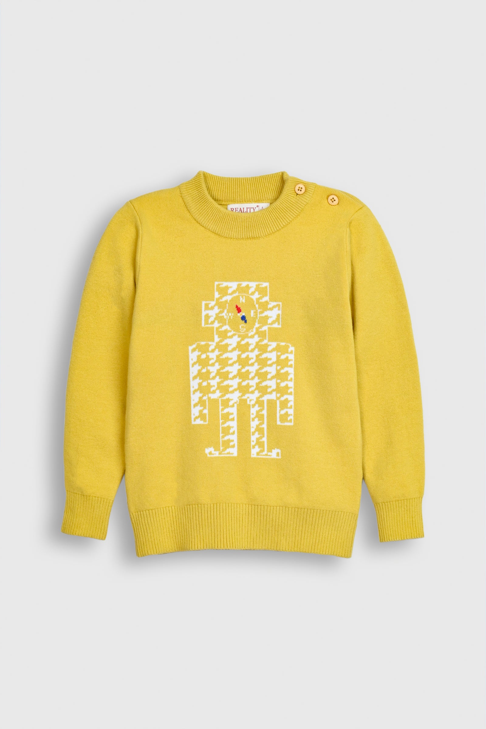 Yellow Robot Knit Sweater with Houndstooth Pattern Reality