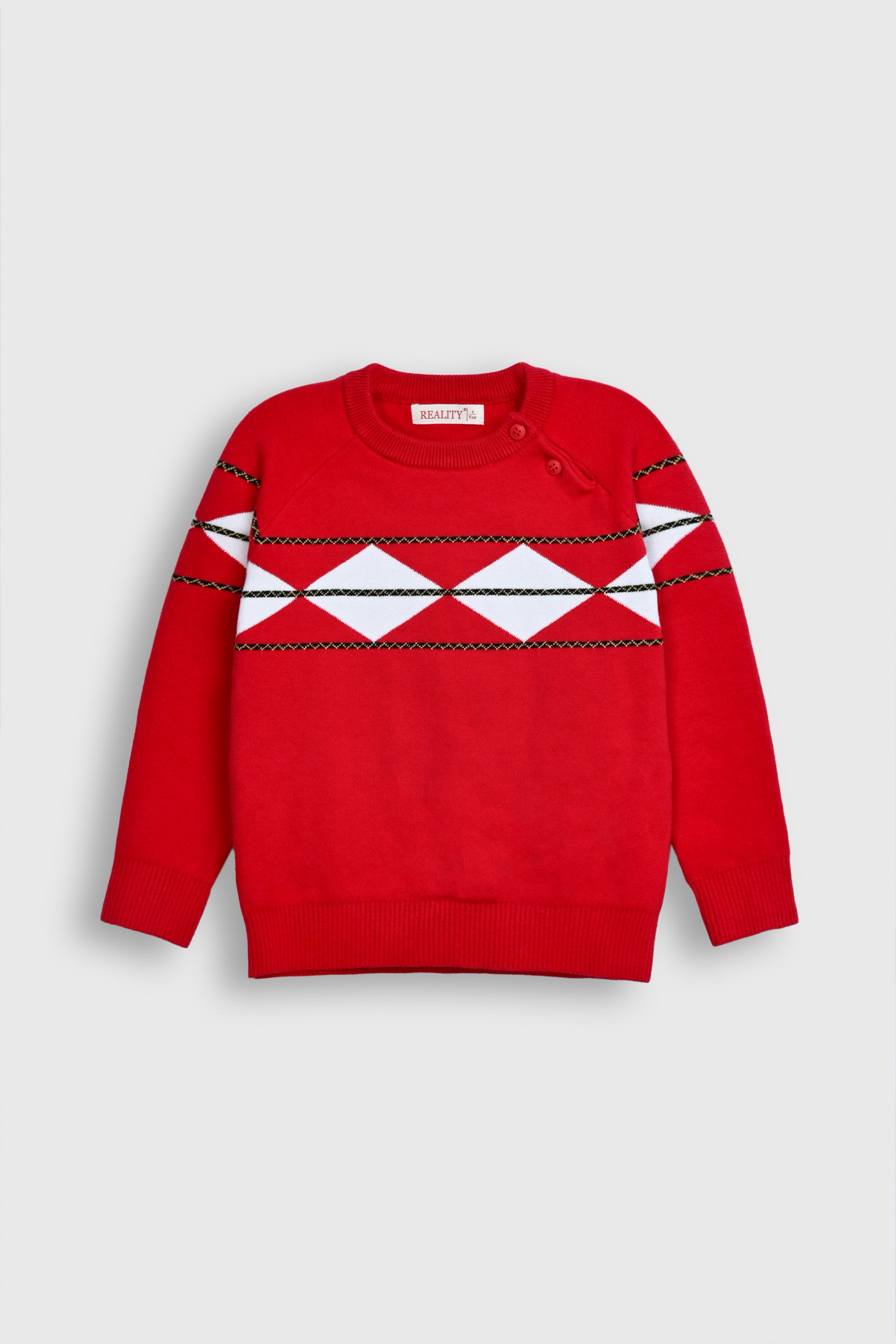 Red Geometric Argyle Knit Sweater with Shoulder Button Detail Reality