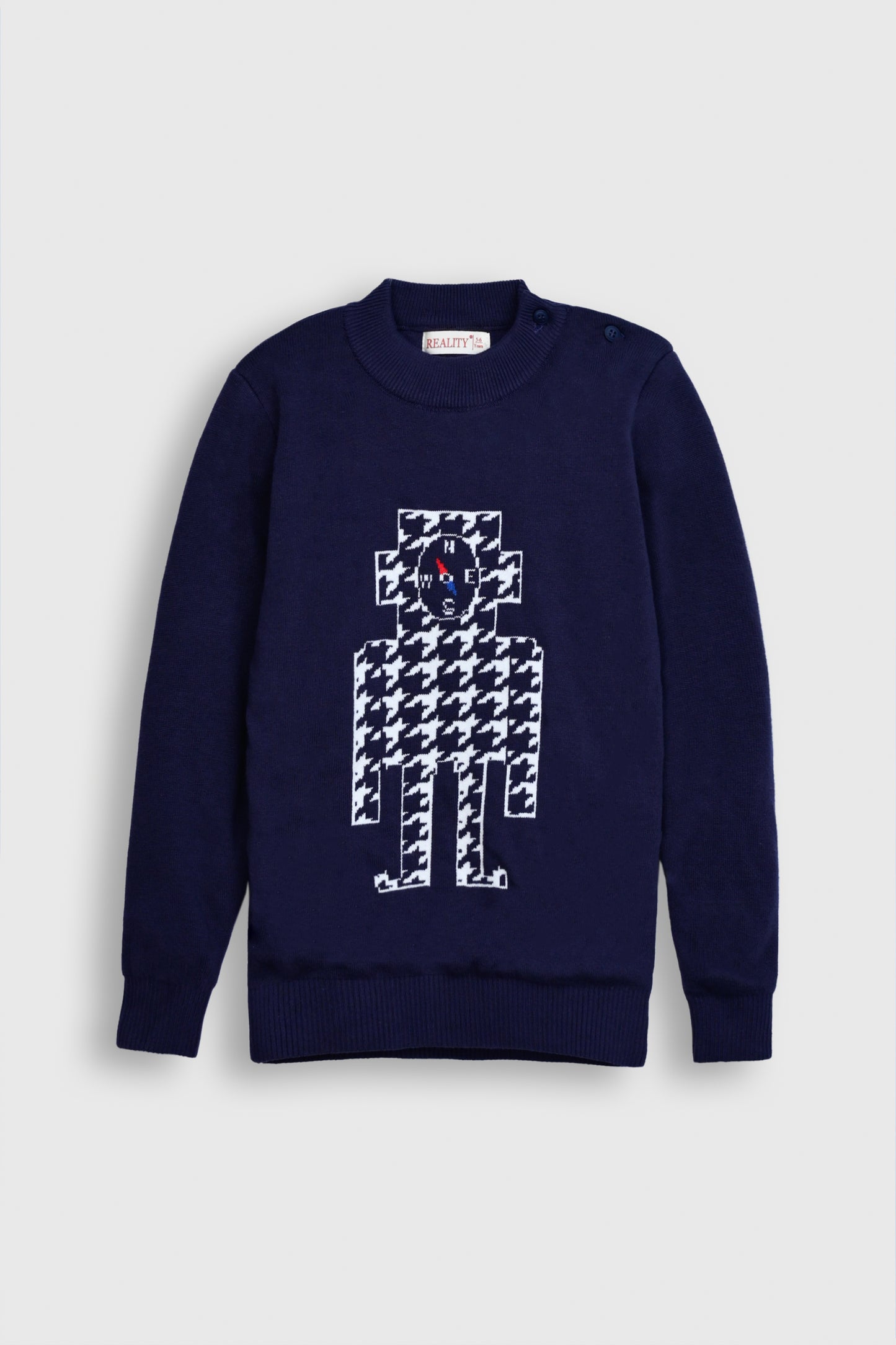 Navy Robot Houndstooth Sweater with Shoulder Buttons Reality