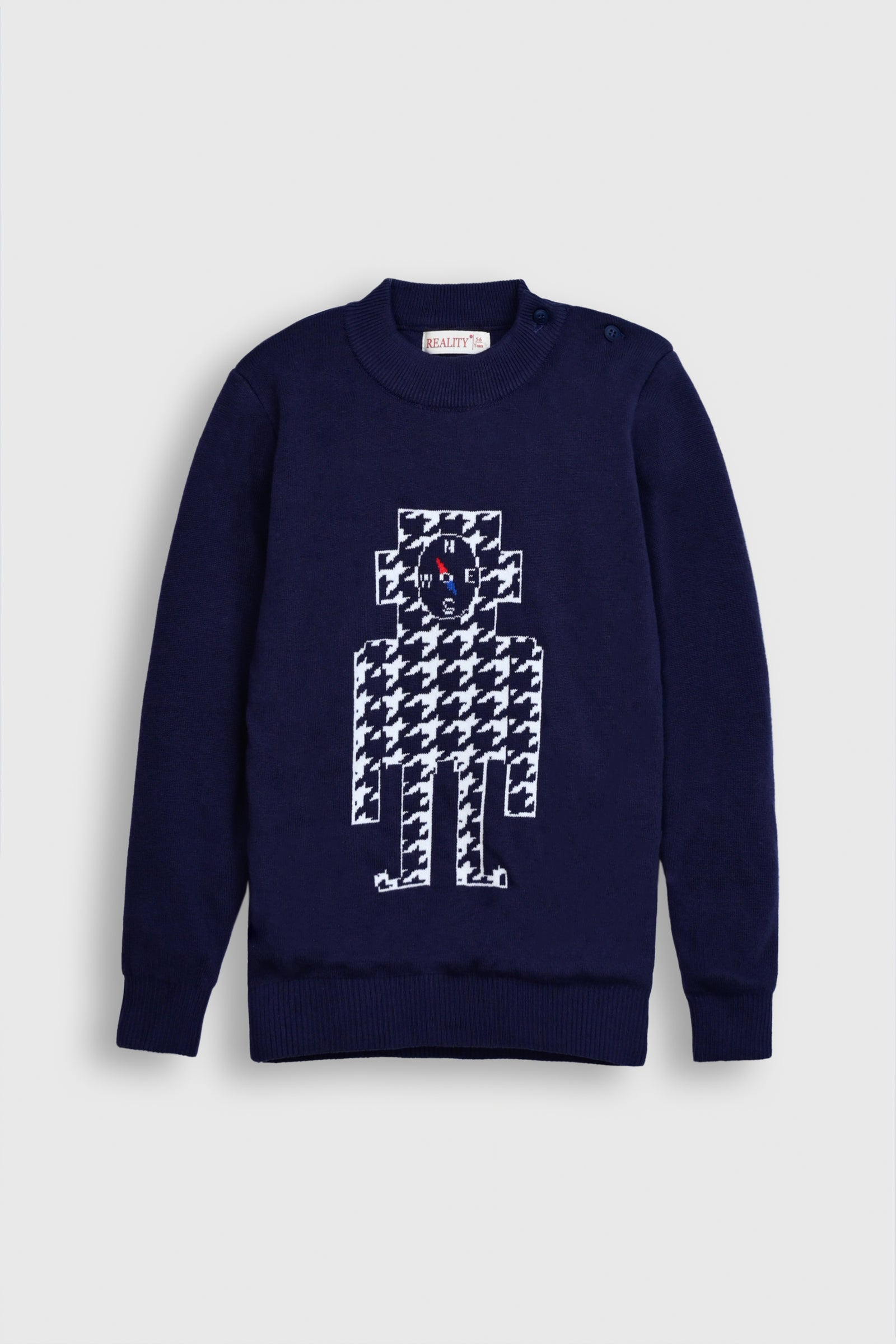 Navy Robot Houndstooth Sweater with Shoulder Buttons Reality