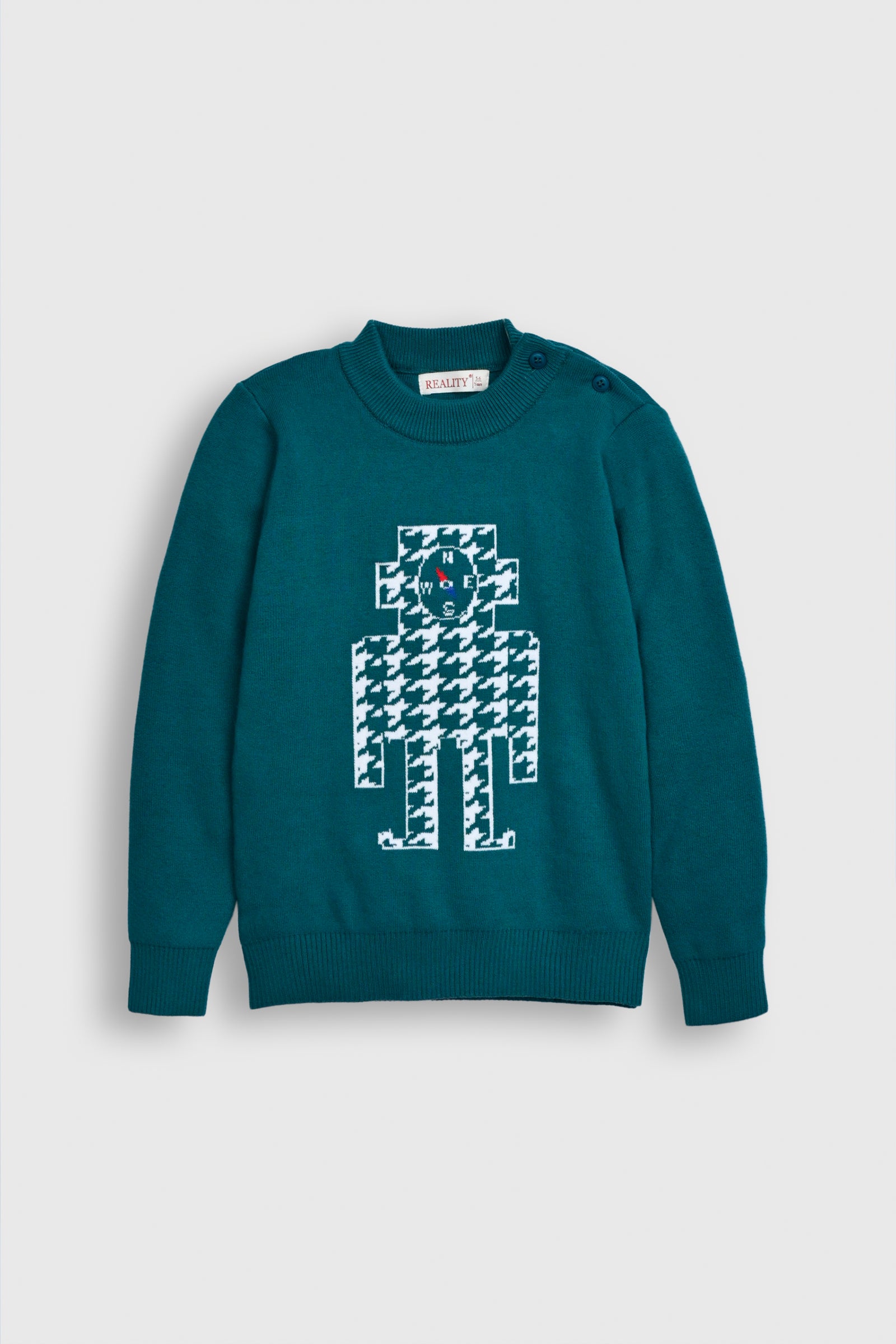 Teal Robot Knit Sweater with Houndstooth Pattern Reality