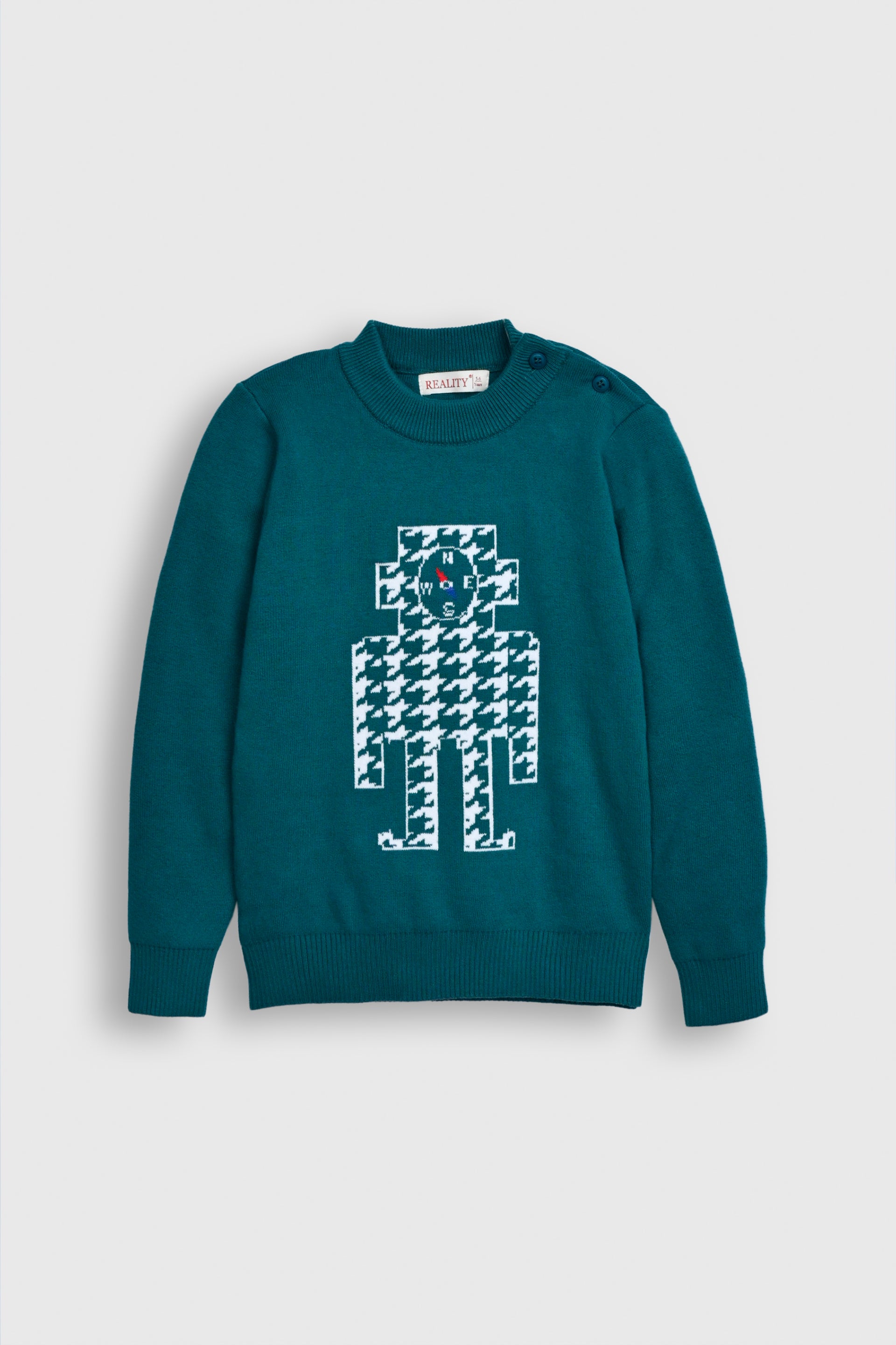 Teal Robot Knit Sweater with Houndstooth Pattern Reality