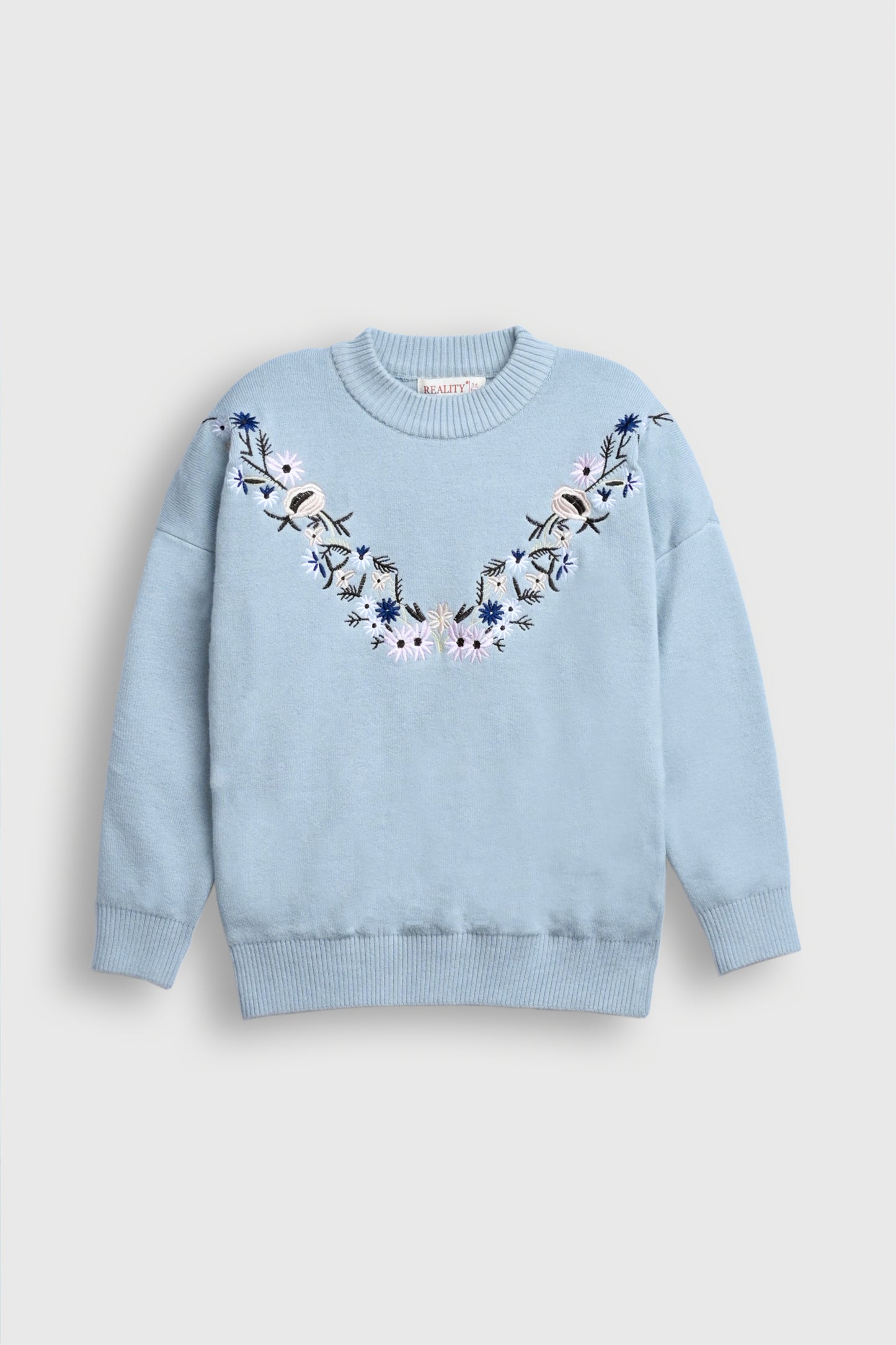Pastel Blue Sweater with Embroidered Flowers Reality