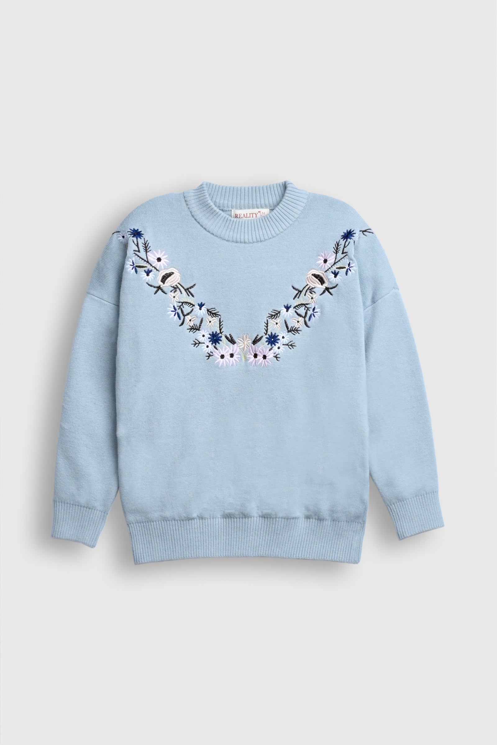 Pastel Blue Sweater with Embroidered Flowers Reality