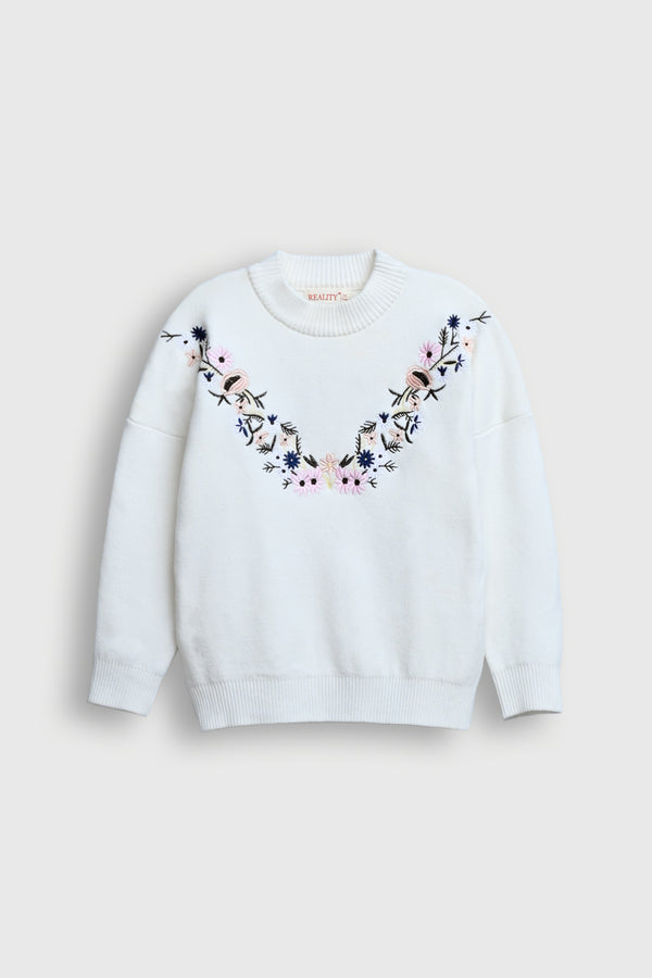 White Embroidered Floral Sweater Reality