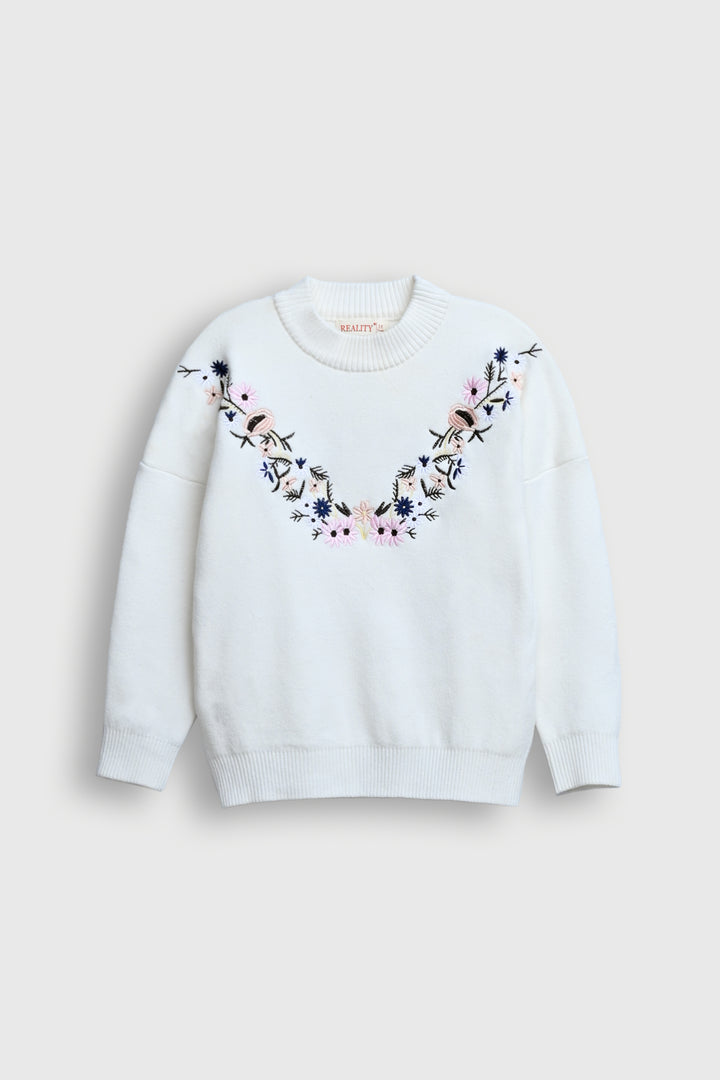 White Embroidered Floral Sweater Reality
