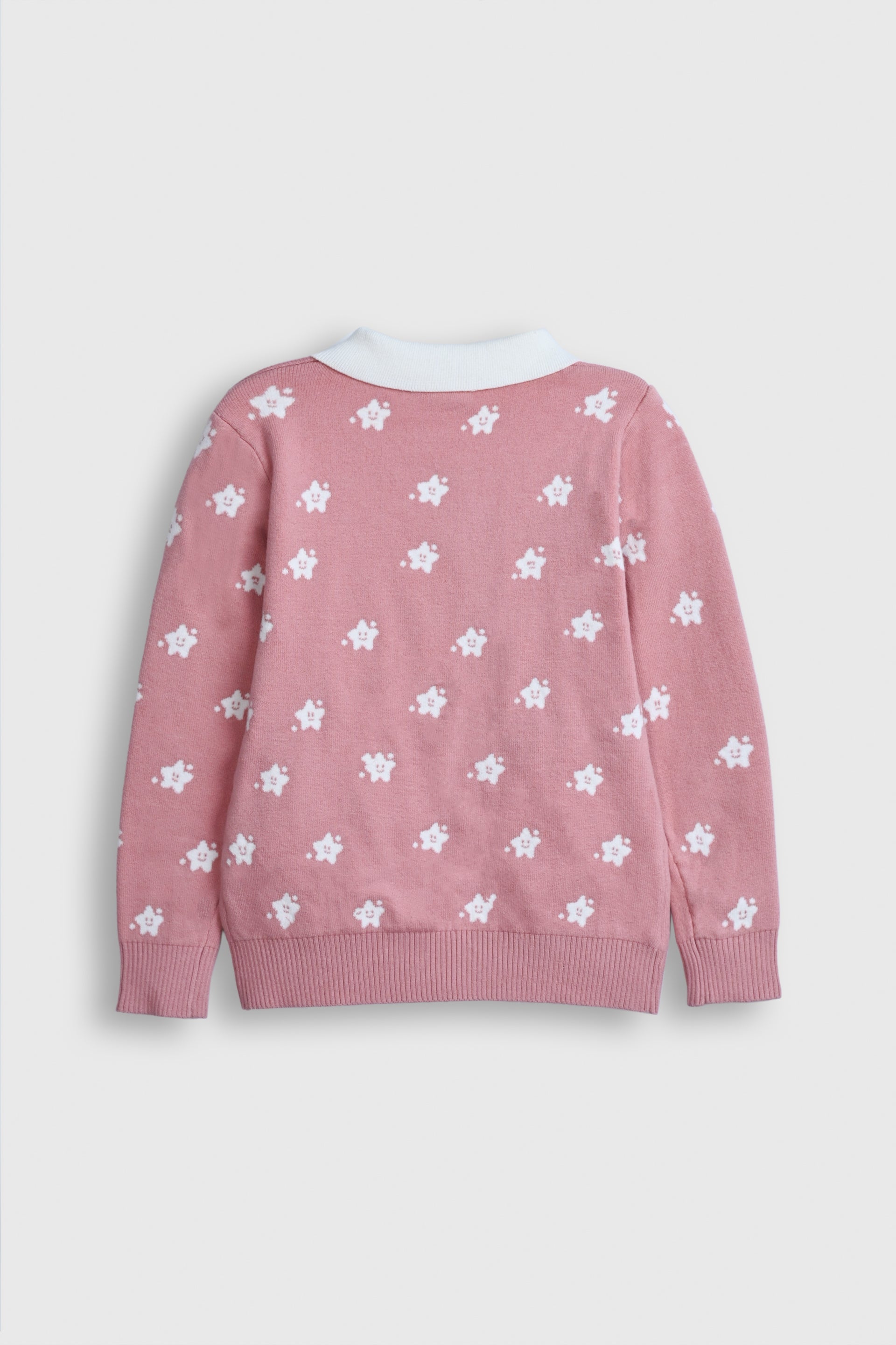 Girls' Pink Star Knit Sweater with White Collar & Tassel Detail – Cozy & Cute Reality
