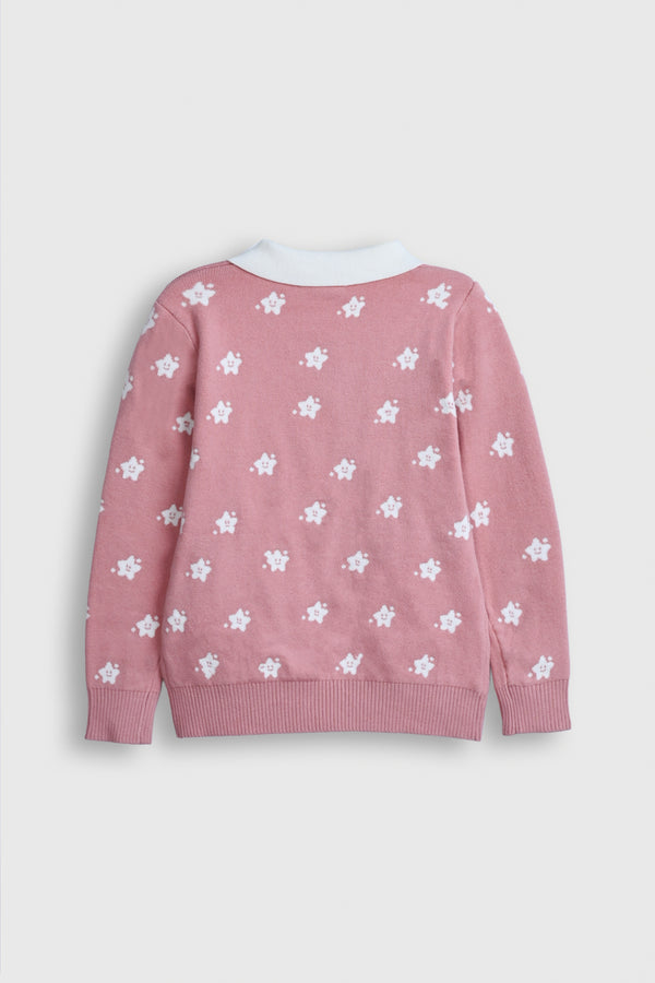 Girls' Pink Star Knit Sweater with White Collar & Tassel Detail – Cozy & Cute