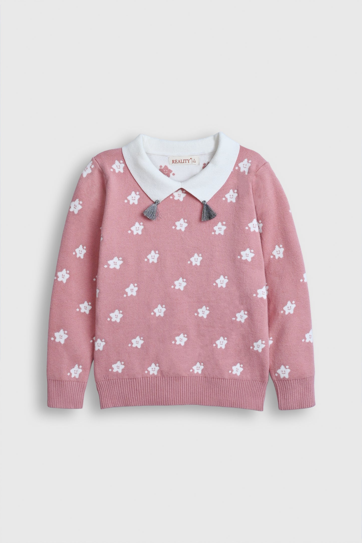 Girls' Pink Star Knit Sweater with White Collar & Tassel Detail – Cozy & Cute Reality
