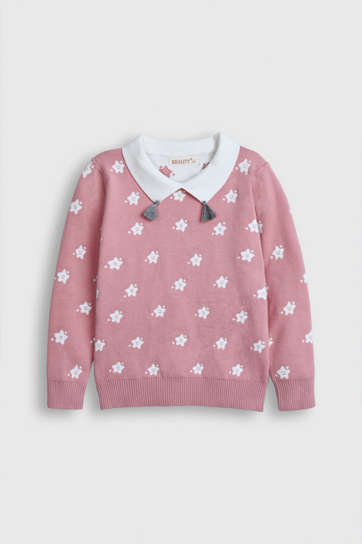 Girls' Pink Star Knit Sweater with White Collar & Tassel Detail – Cozy & Cute Reality