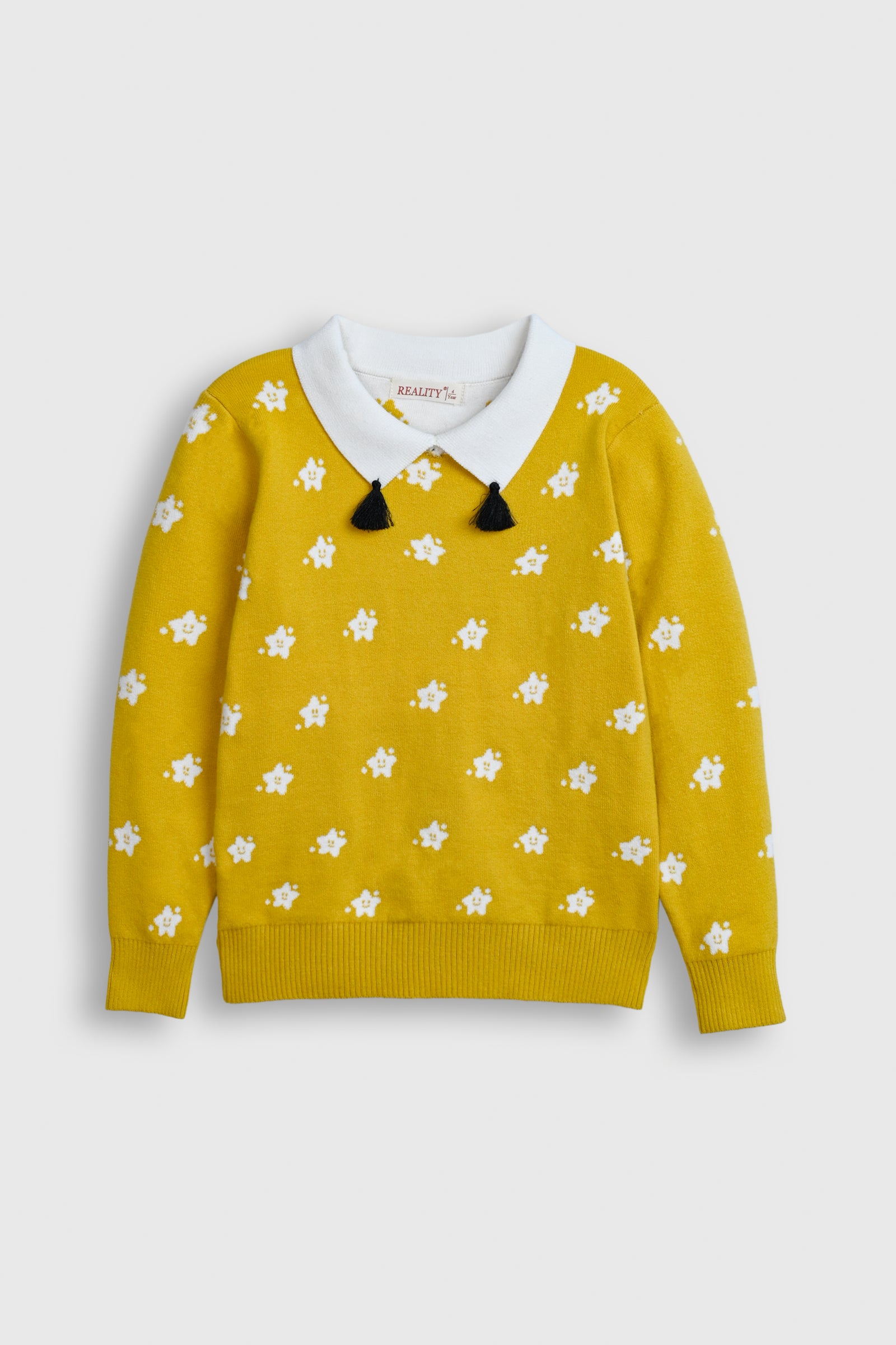 Girls' Yellow Star Knit Sweater with White Peter Pan Collar & Black Tassels – Playful & Stylish Reality