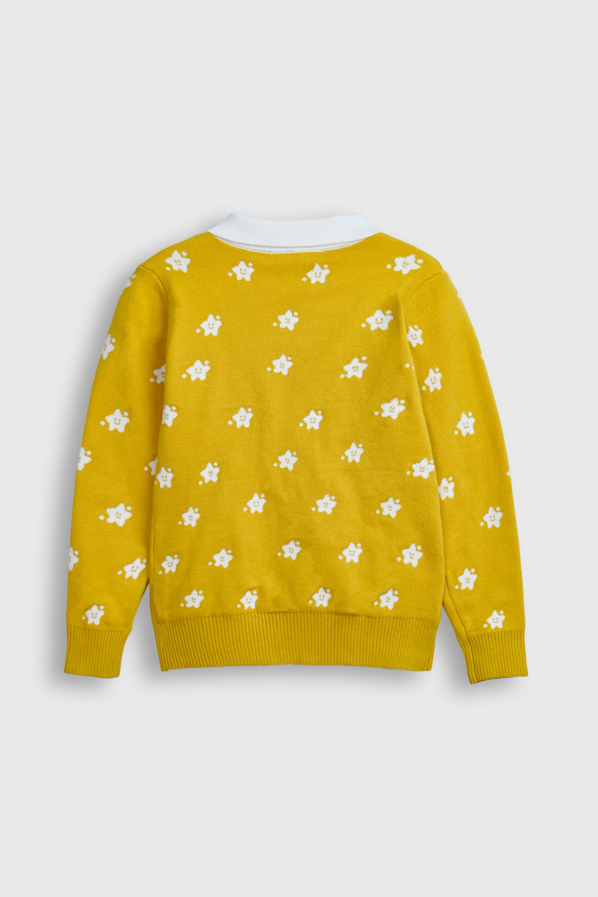Girls' Yellow Star Knit Sweater with White Peter Pan Collar & Black Tassels – Playful & Stylish Reality