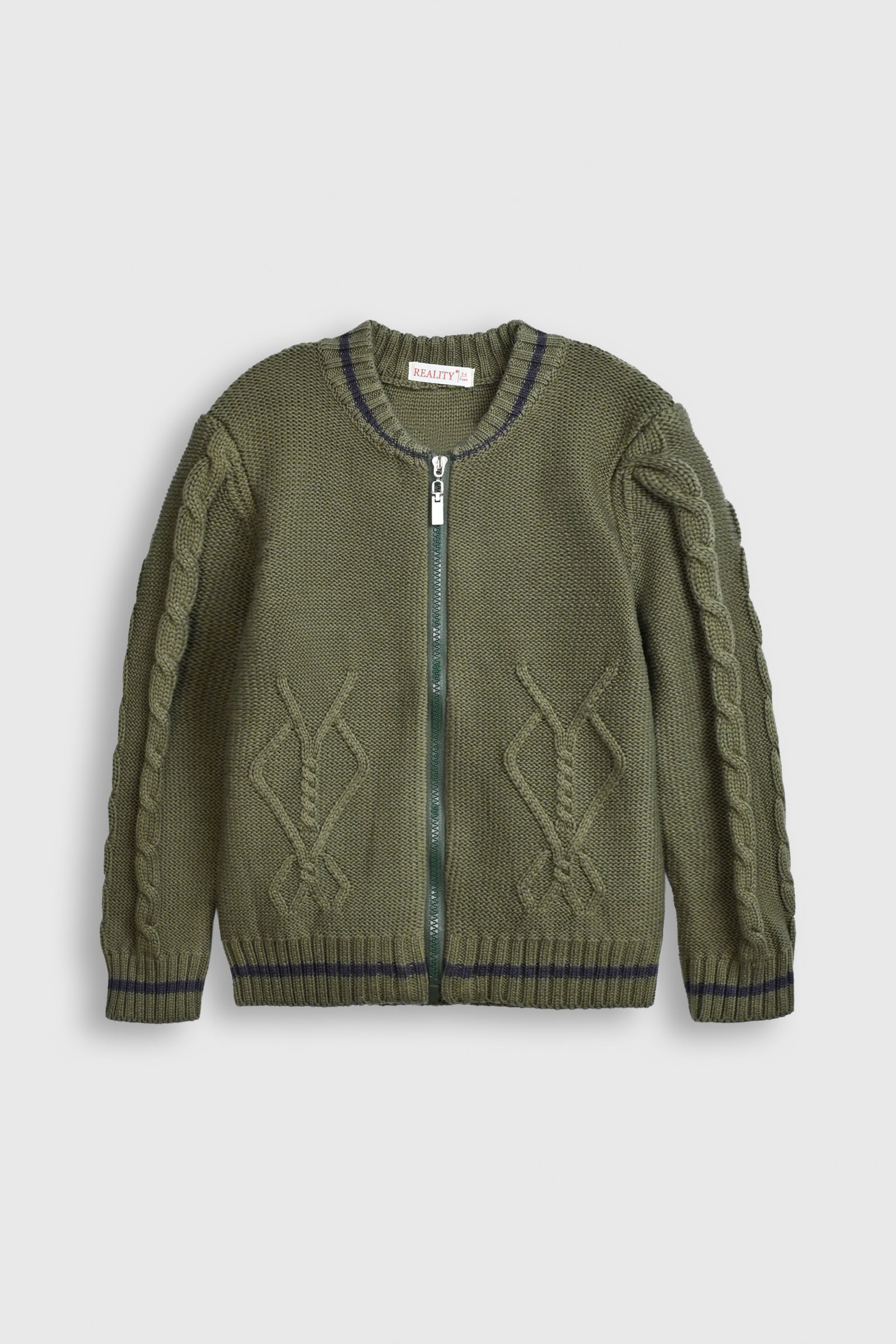 Olive Green Cable Knit Zip-Up Cardigan Reality