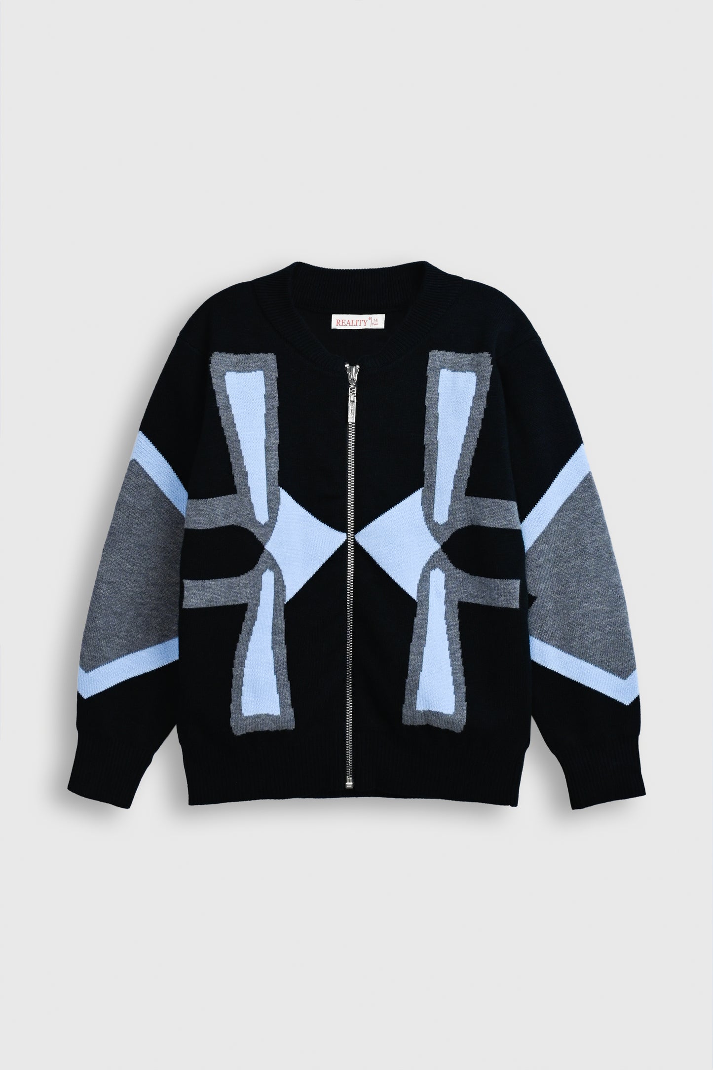 Bold Geometric Zip-Up Sweater in Black and Blue Reality
