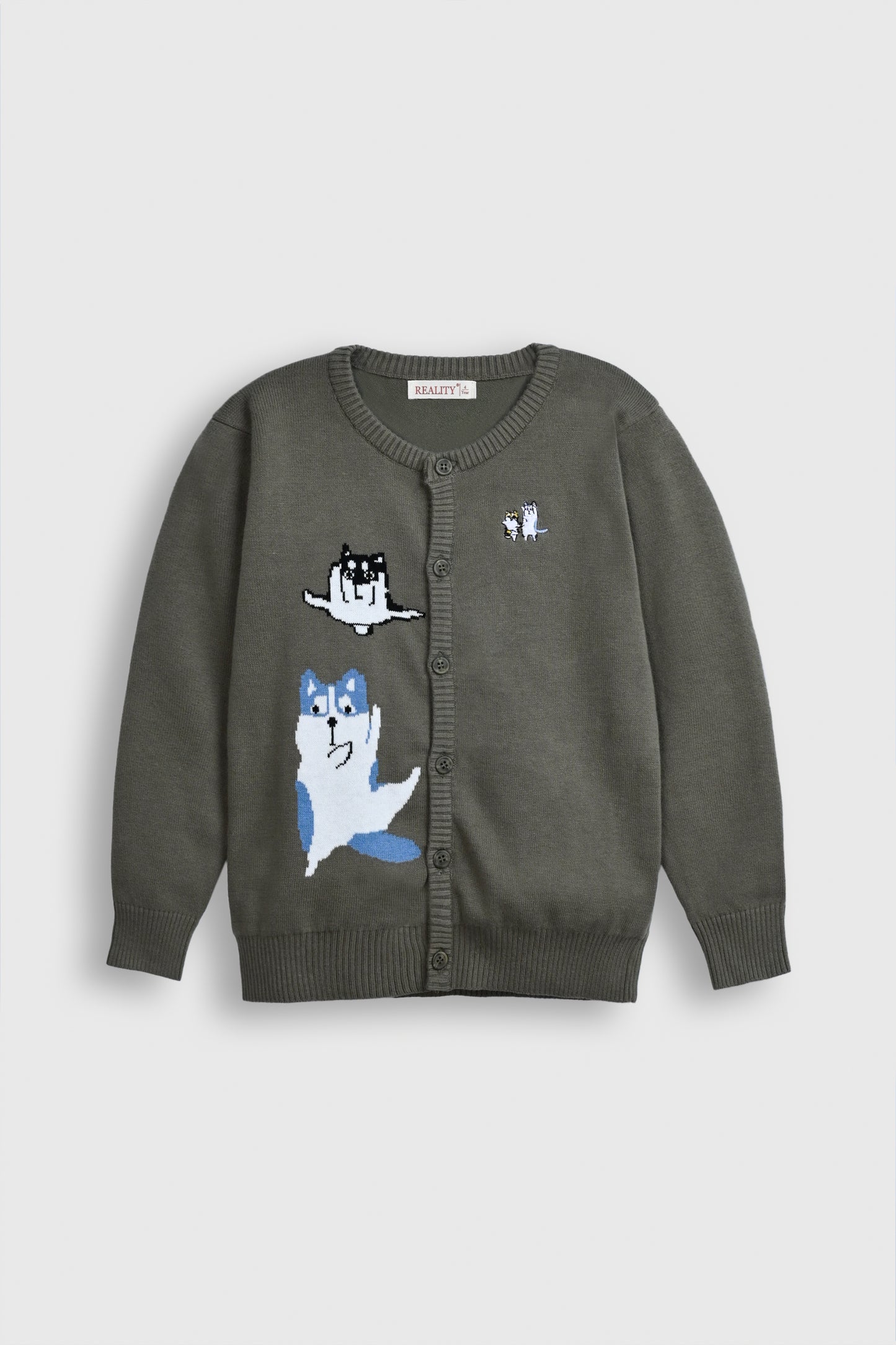 Olive Green Kids' Knit Cardigan with Fun Cartoon Dog Designs – Button-Up Style Reality