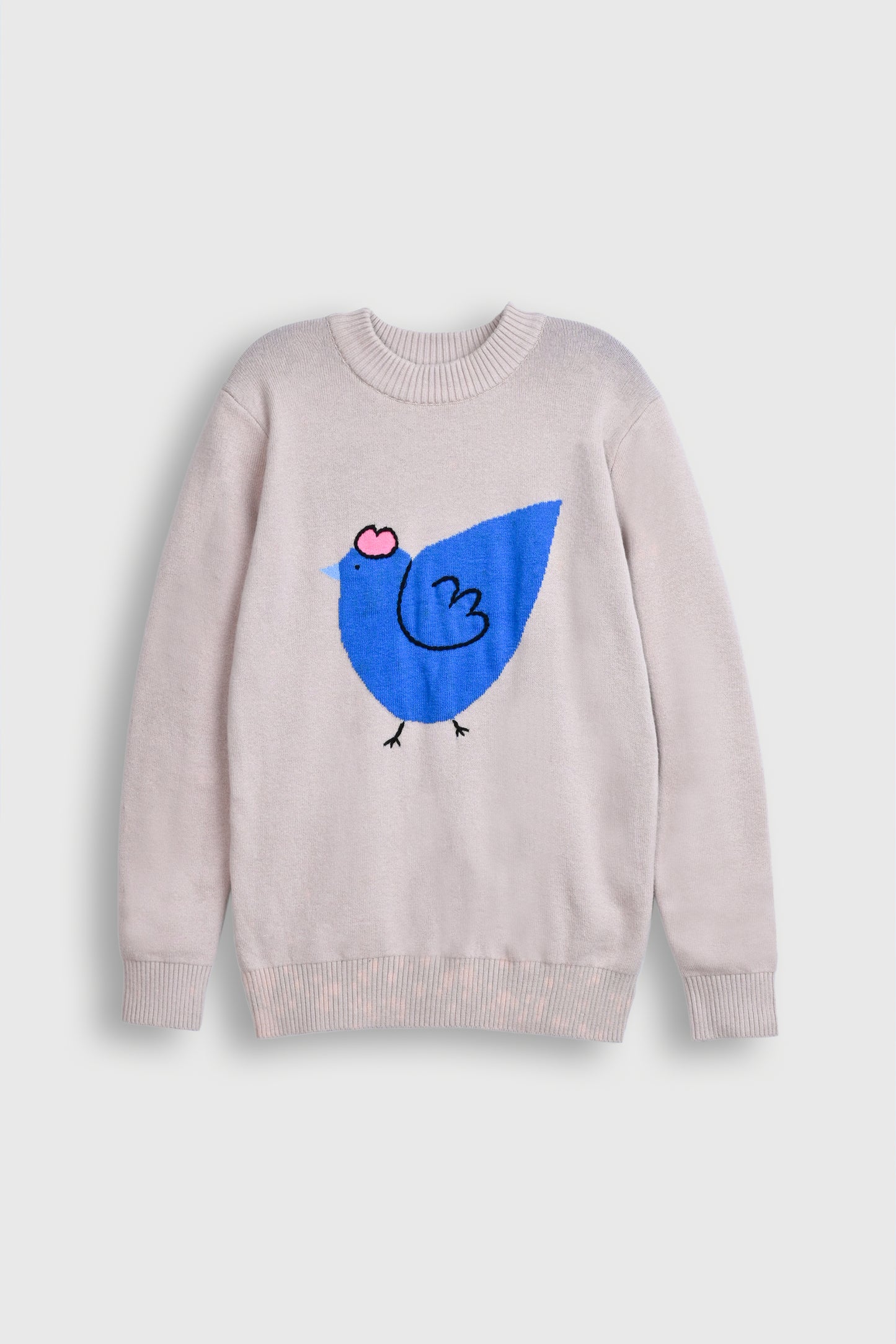 Beige Sweater with Blue Bird Graphic Reality