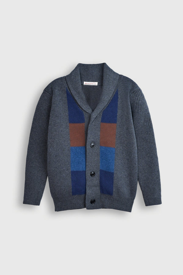Grey Shawl Collar Cardigan with Blue and Brown Blocks Reality