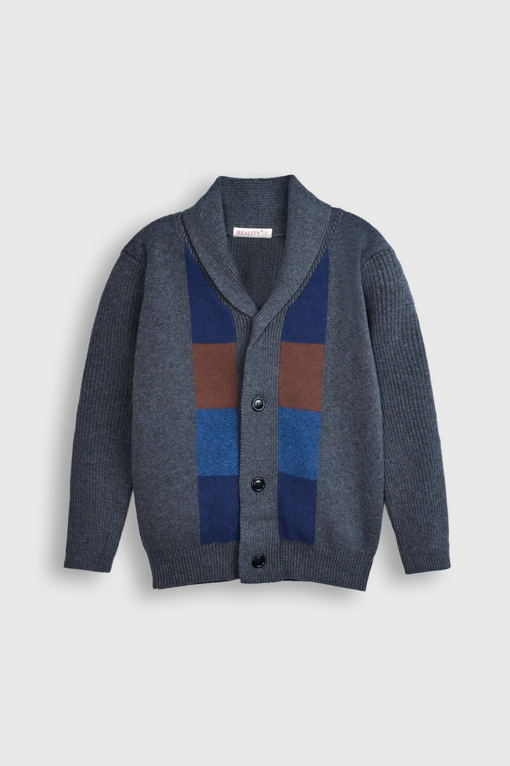 Grey Shawl Collar Cardigan with Blue and Brown Blocks Reality