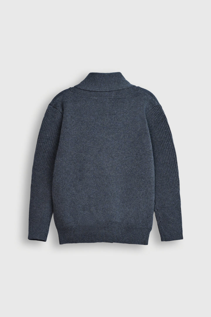 Grey Shawl Collar Cardigan with Blue and Brown Blocks Reality