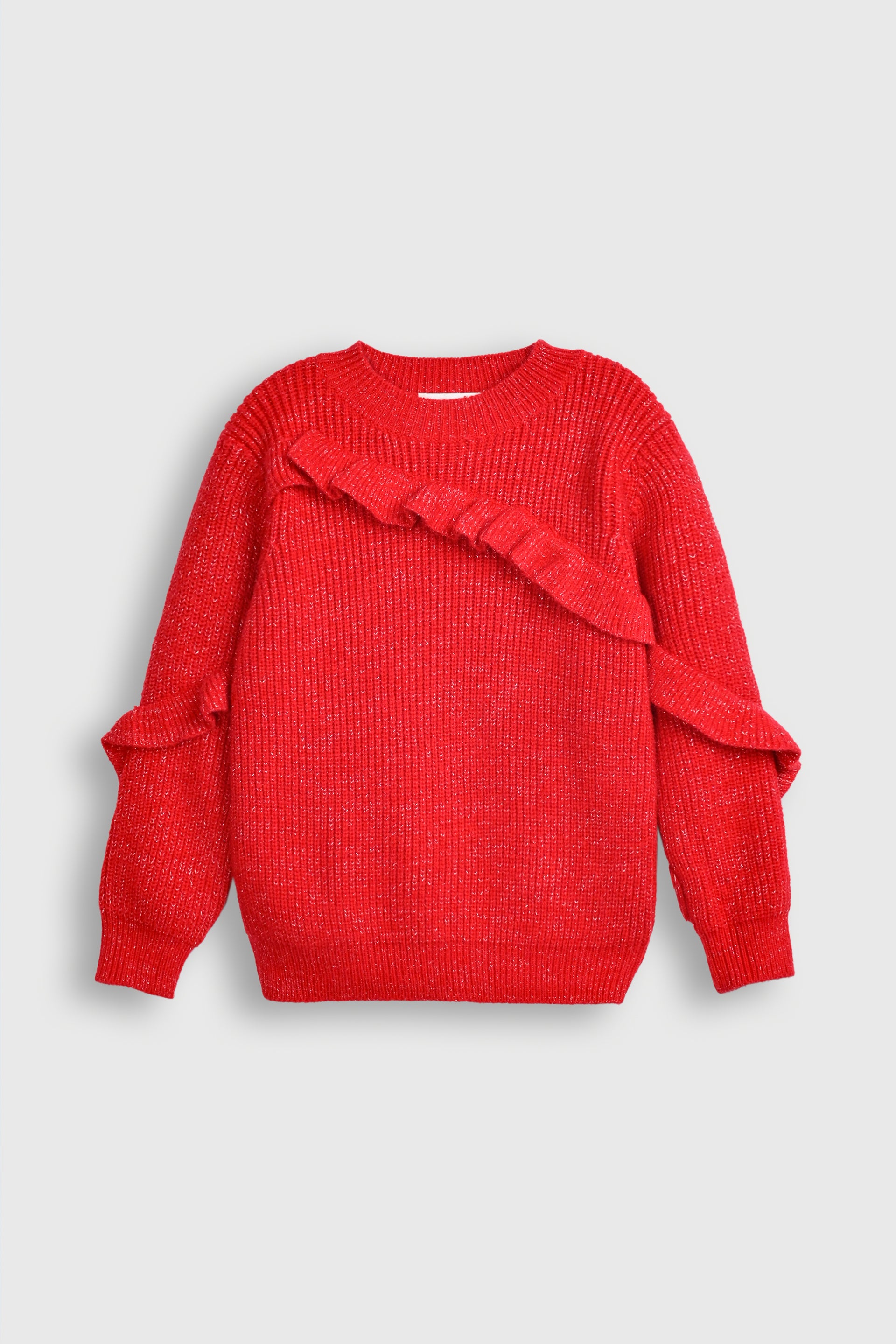 Red Knit Sweater with Ruffle Detail Reality