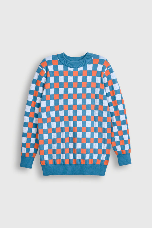 Retro Checkmate Pullover – Blue & Orange Grid Sweater Reality