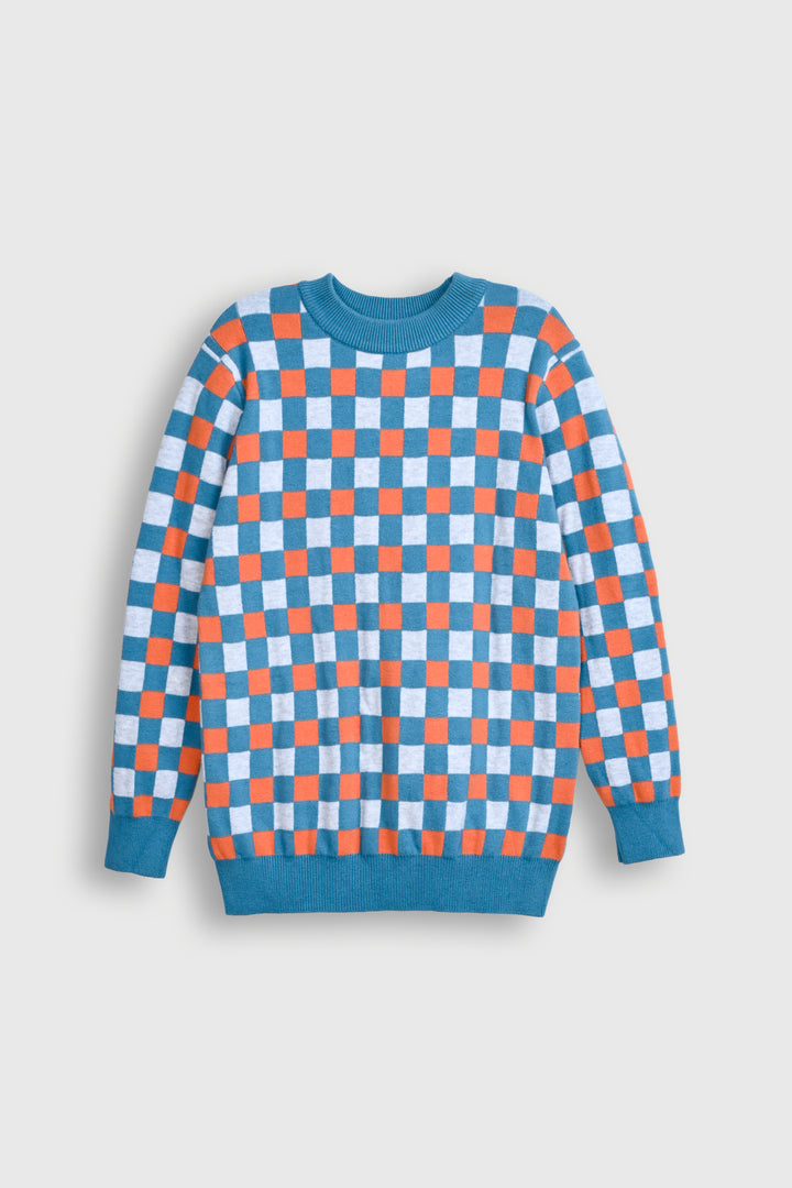 Retro Checkmate Pullover – Blue & Orange Grid Sweater Reality