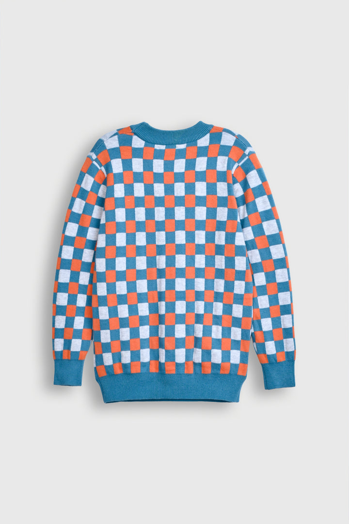 Retro Checkmate Pullover – Blue & Orange Grid Sweater Reality