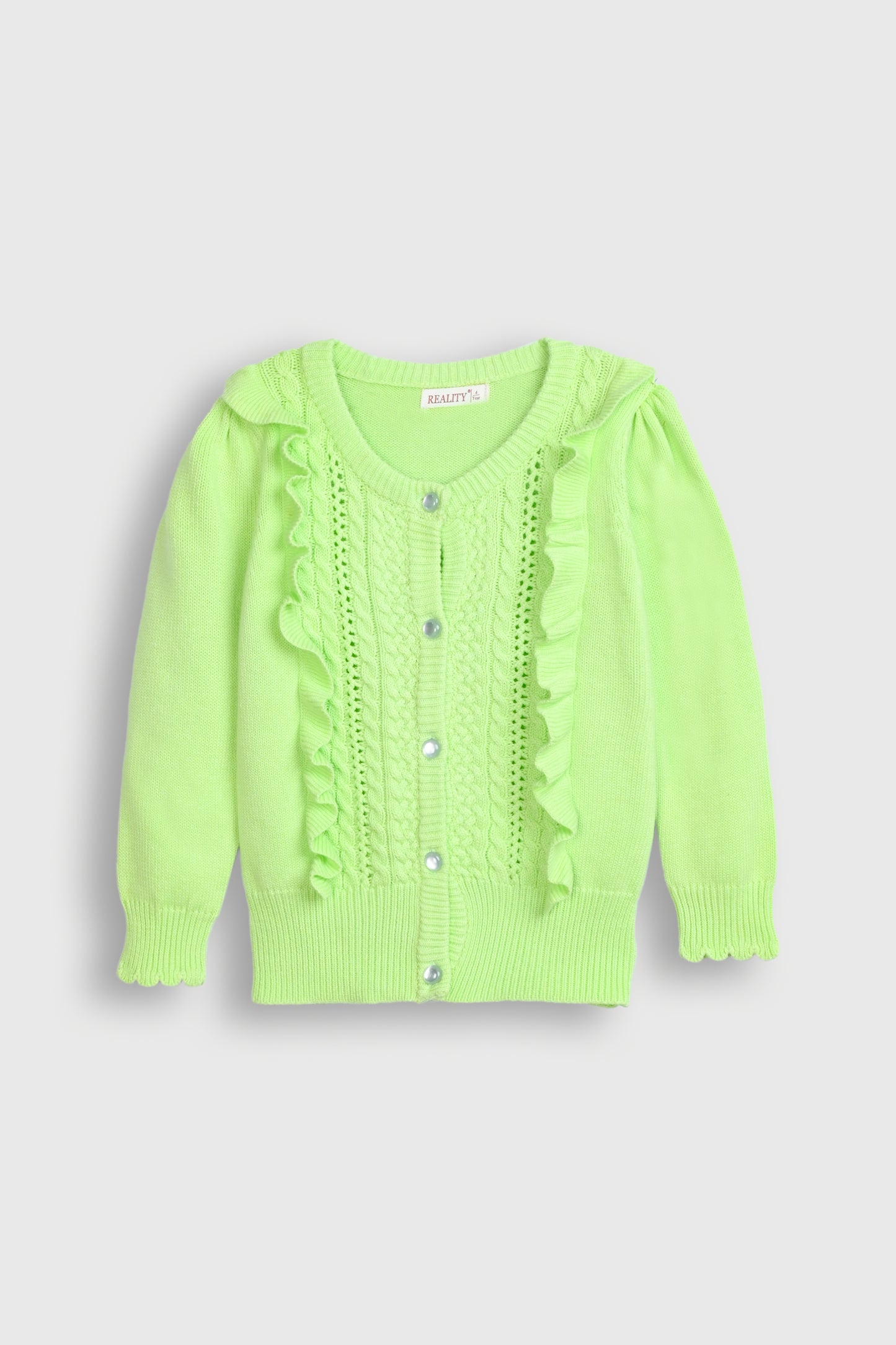 Bright Green Cardigan with Ruffles and Diamond Buttons Reality