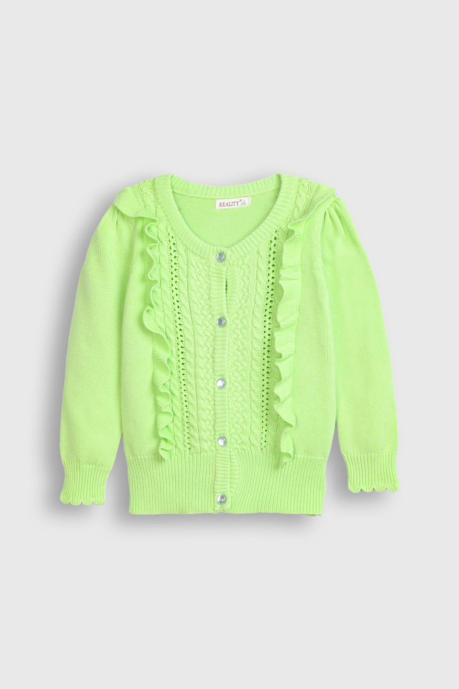 Bright Green Cardigan with Ruffles and Diamond Buttons Reality