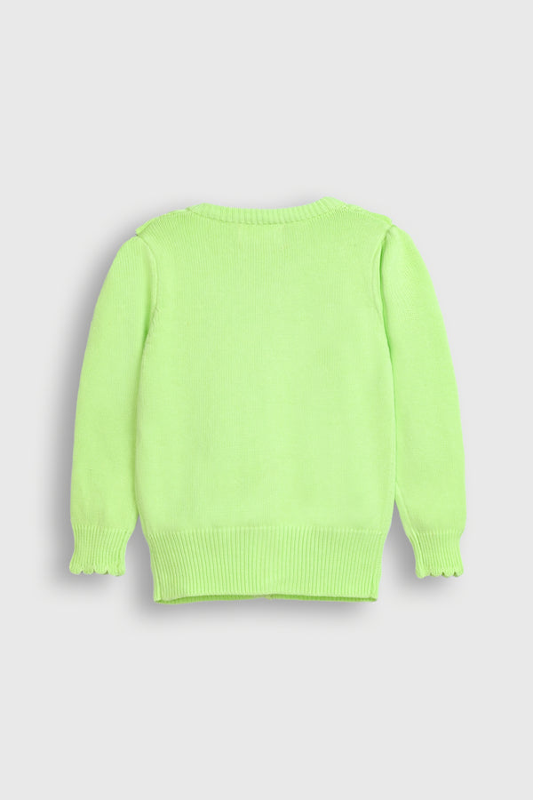 Bright Green Cardigan with Ruffles and Diamond Buttons Reality