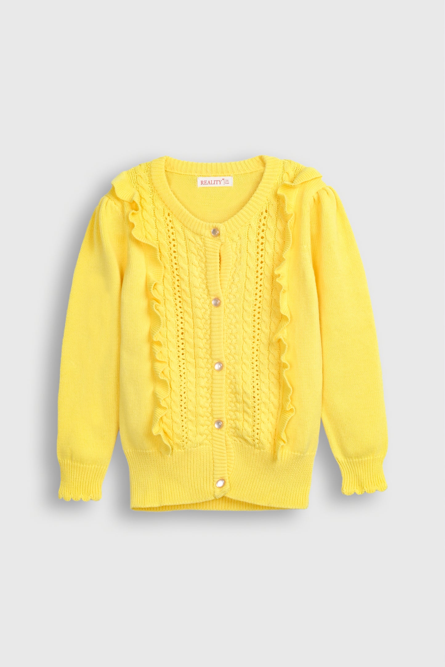 Yellow Cardigan with Ruffles and Diamond Buttons Reality