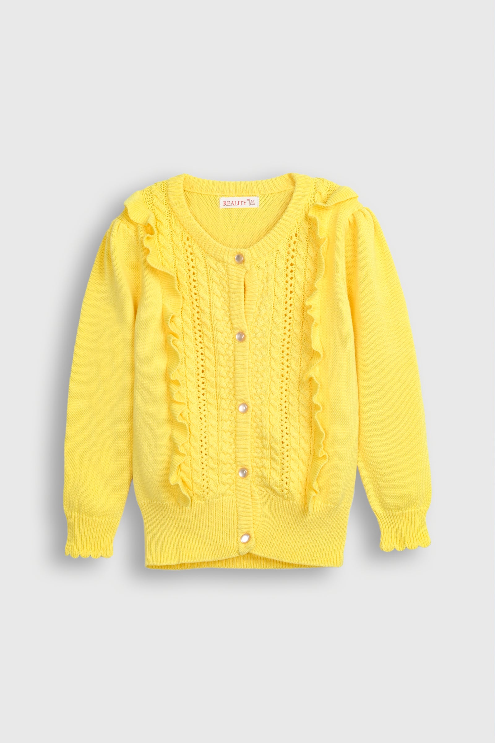 Yellow Cardigan with Ruffles and Diamond Buttons Reality