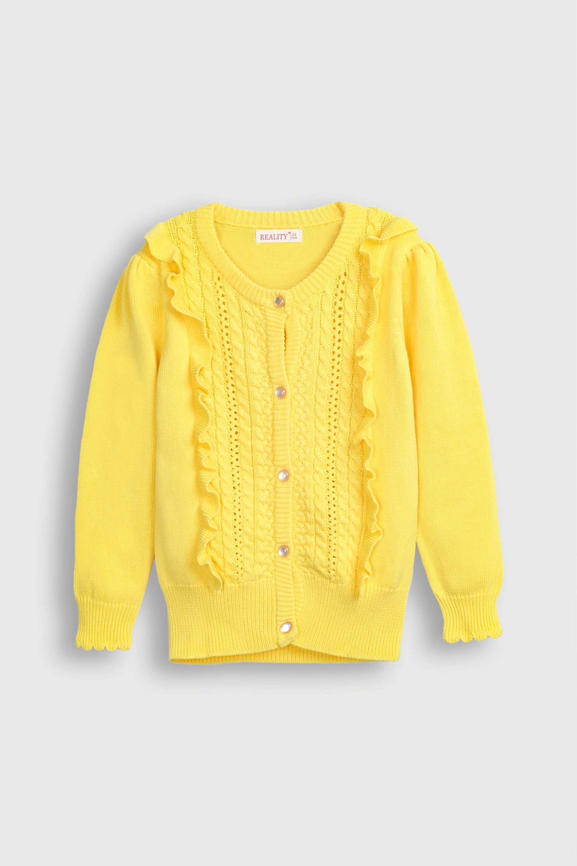 Yellow Cardigan with Ruffles and Diamond Buttons Reality