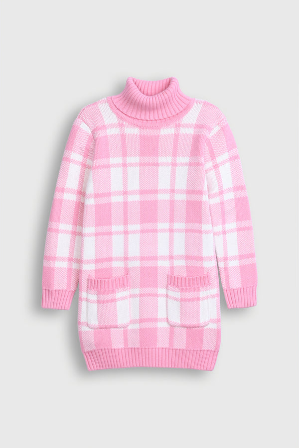 Pink and White Plaid Turtleneck Sweater Dress Reality
