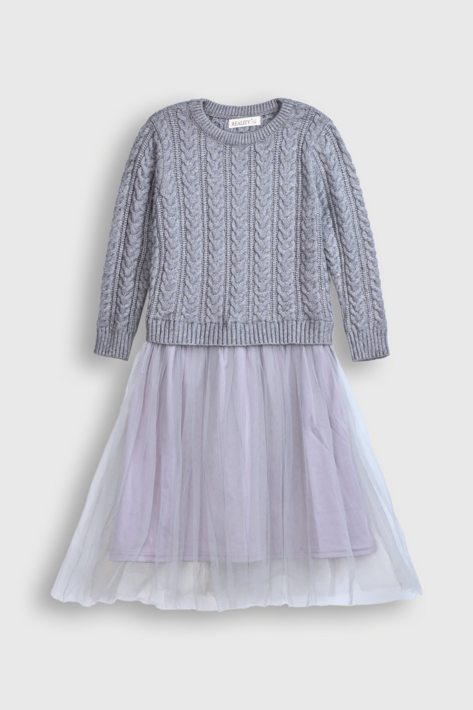 Grey Cable-Knit Sweater with Tulle Skirt Dress Reality