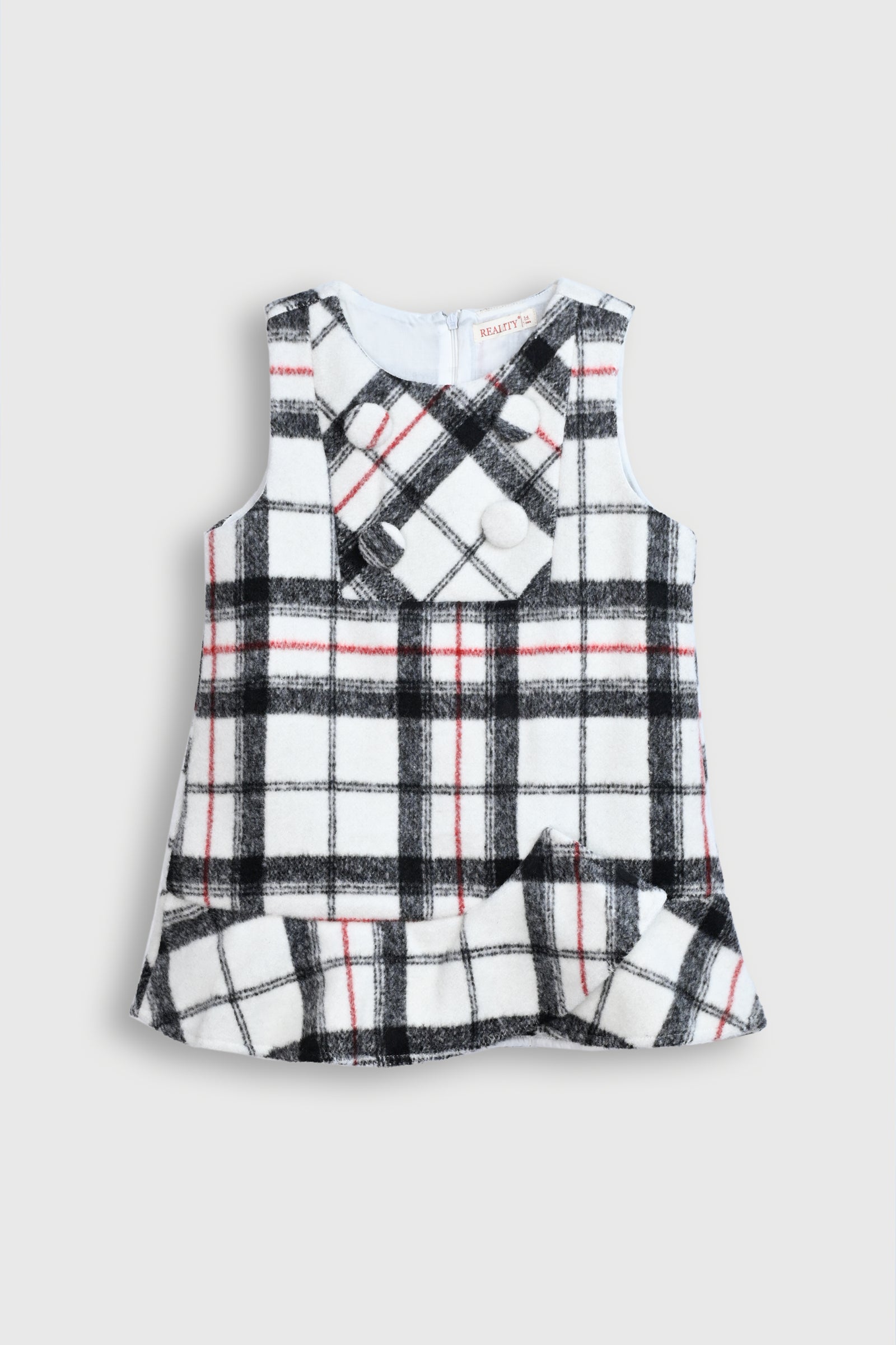 Black, White, and Red Plaid Dress with Ruffle Hem Reality