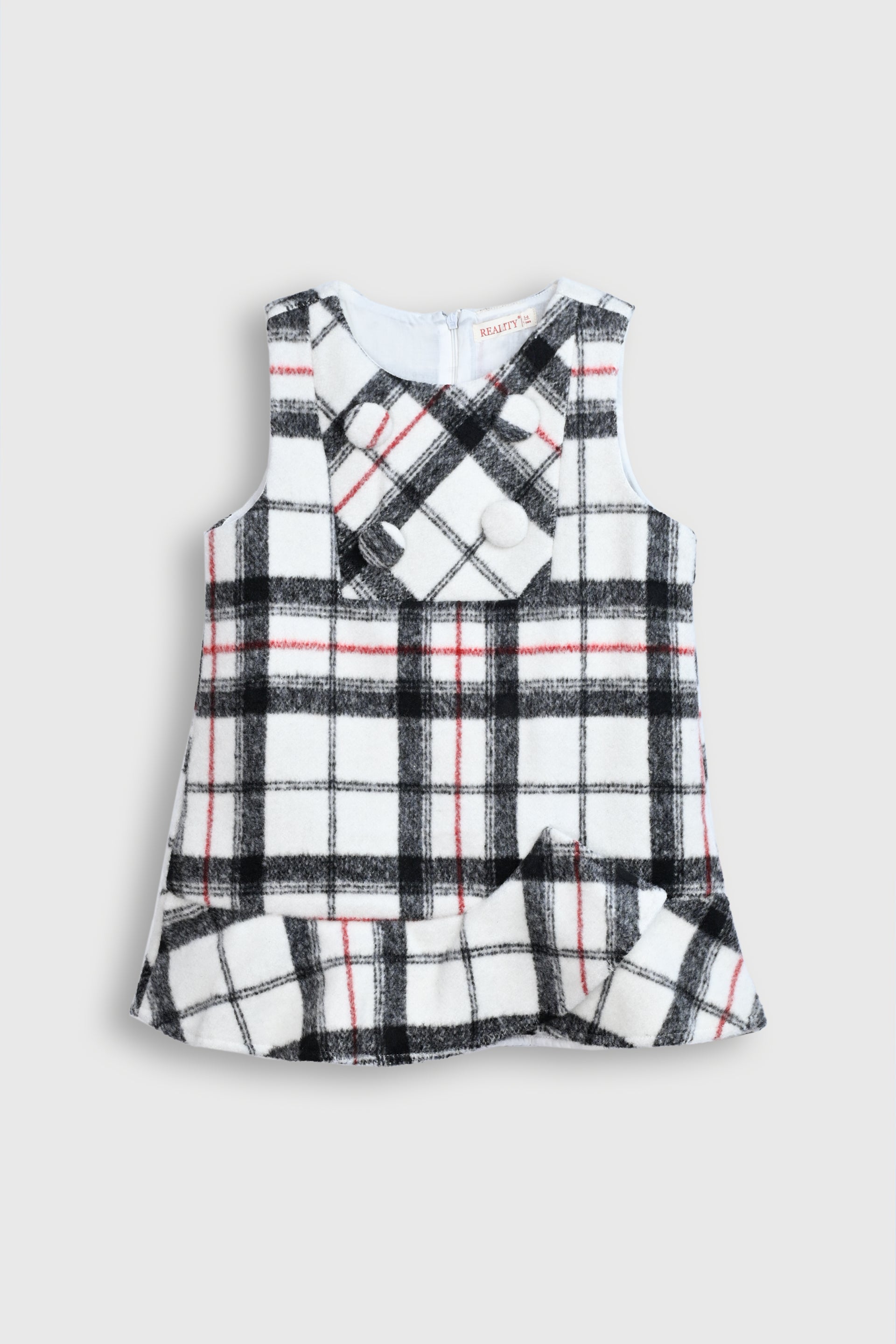 Black, White, and Red Plaid Dress with Ruffle Hem Reality