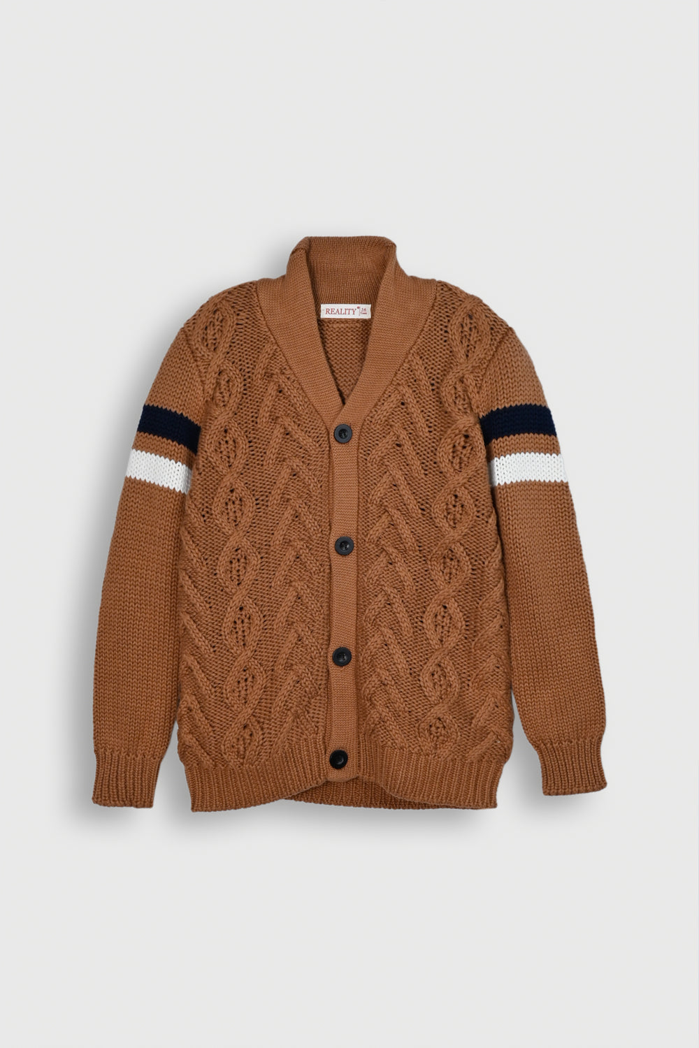 Classic Brown Cable Knit Cardigan with Striped Sleeves Reality