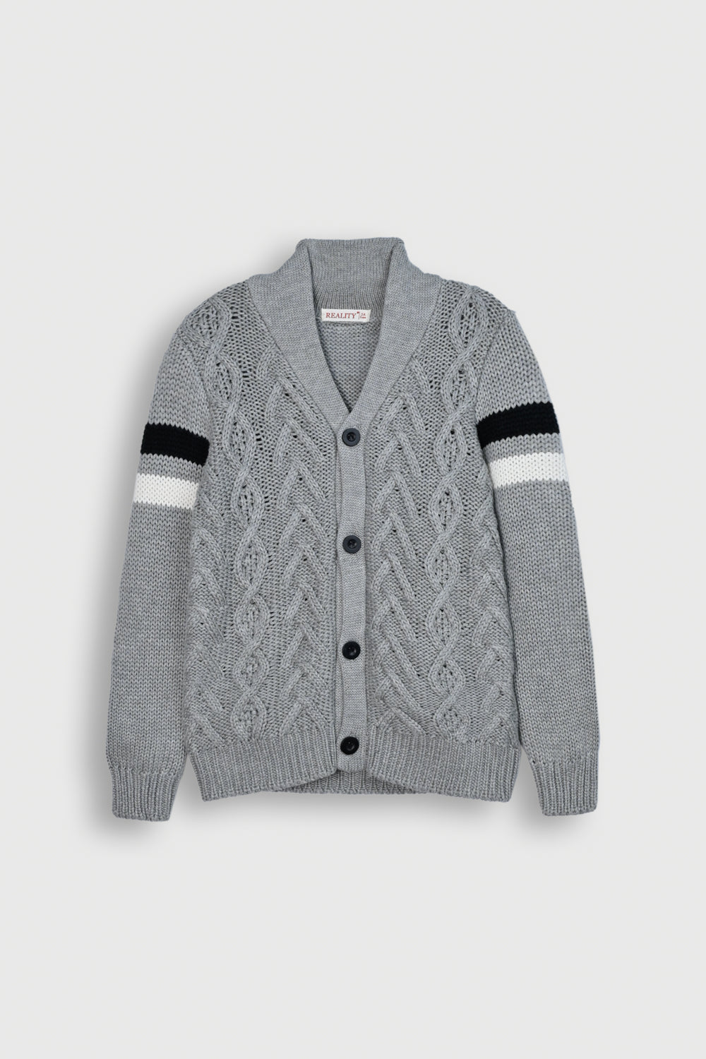 Grey Cable Knit Cardigan with Black & White Sleeve Stripes Reality