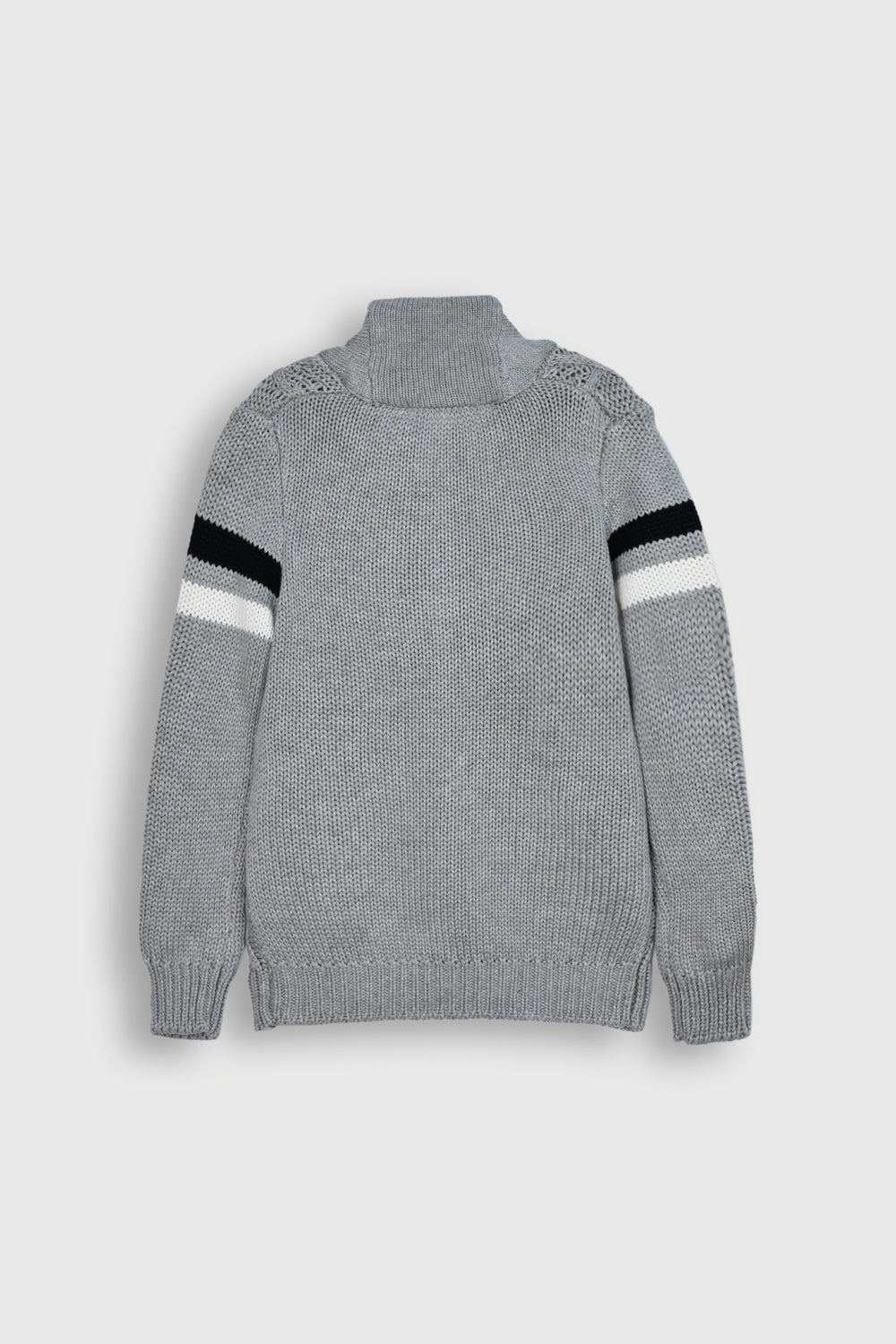 Grey Cable Knit Cardigan with Black & White Sleeve Stripes Reality