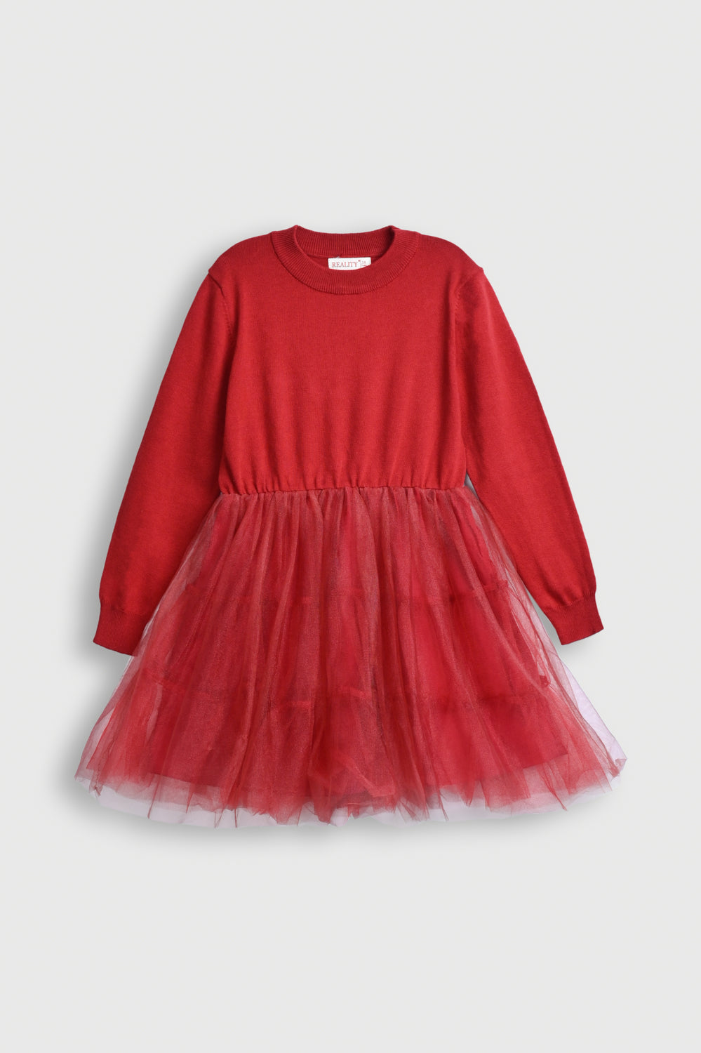 Red Knitted Dress with Tulle Overlay Reality