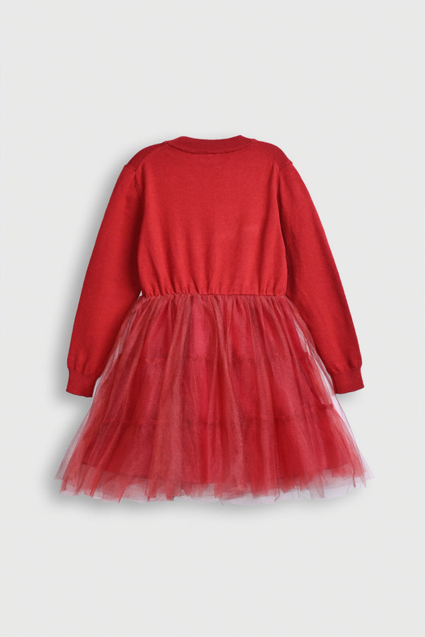 Red Knitted Dress with Tulle Overlay Reality