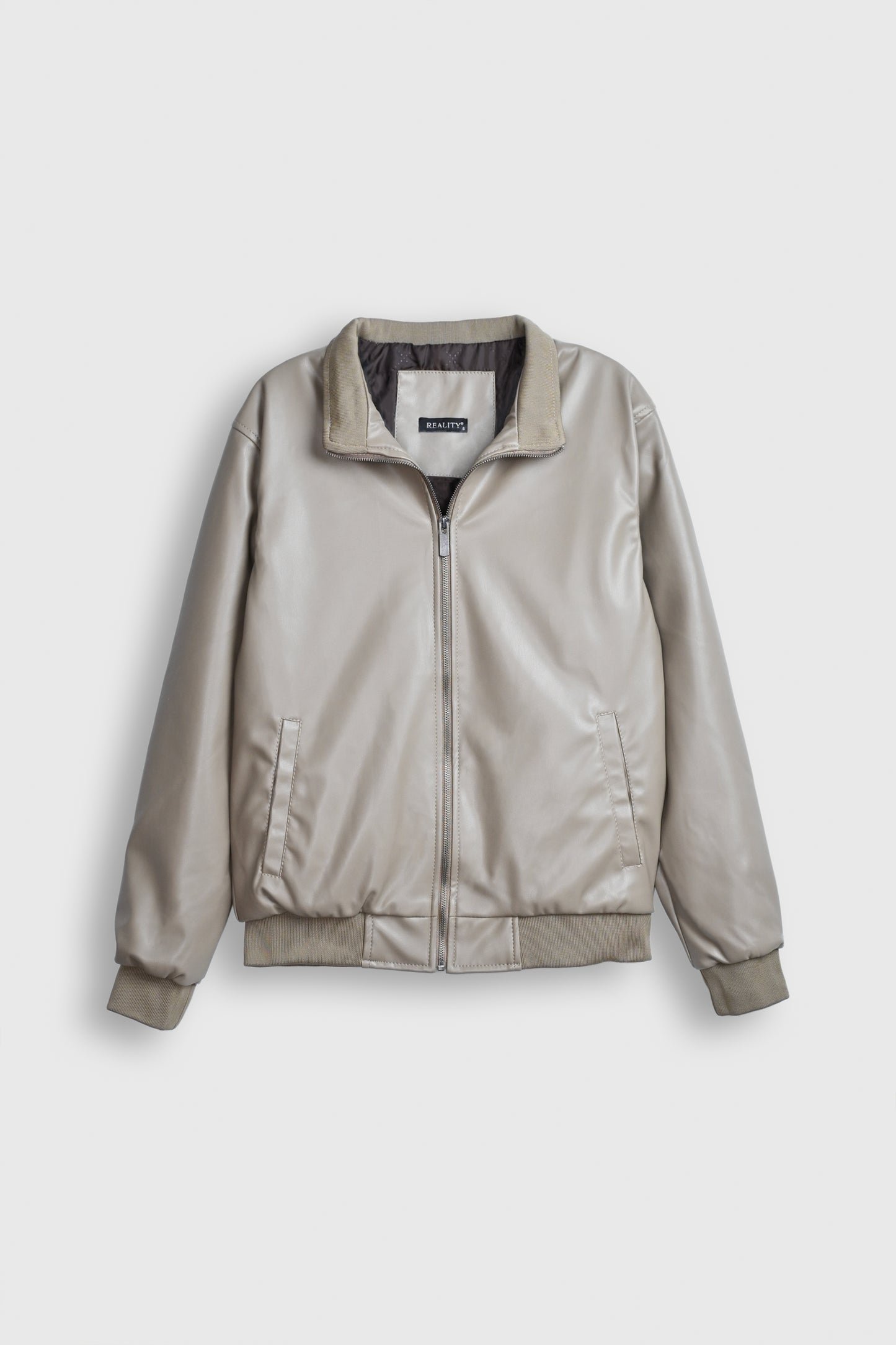 Sandstone Glow Faux Leather Bomber Jacket Reality