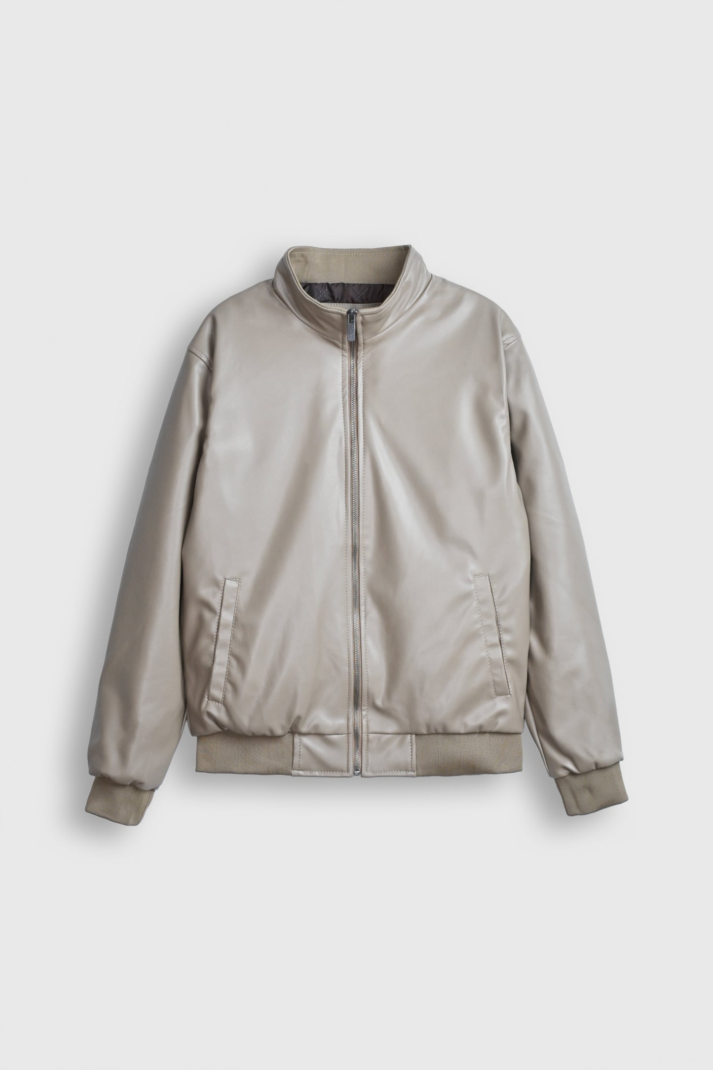 Sandstone Glow Faux Leather Bomber Jacket Reality