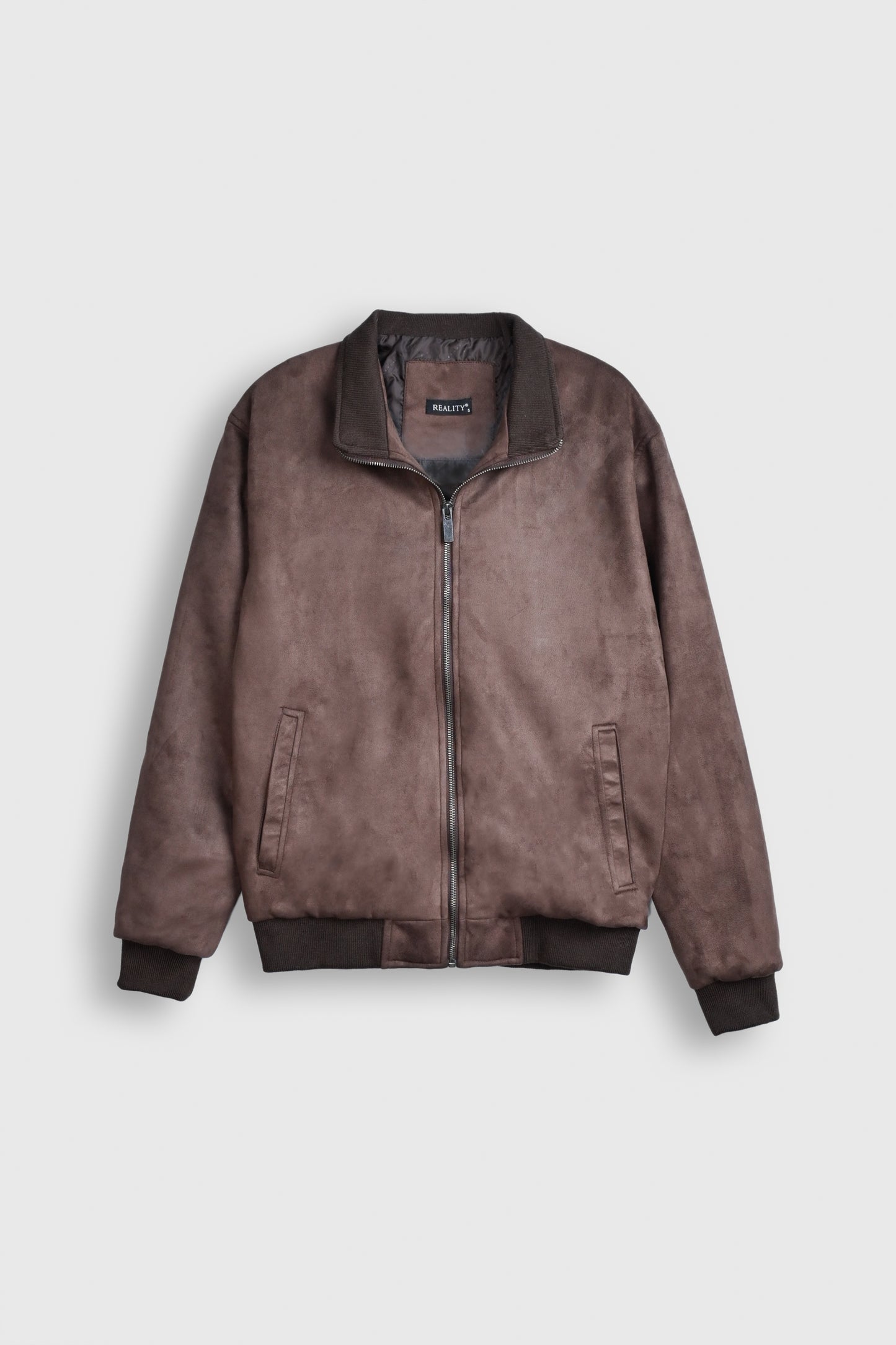 Mocha Dust Suede Bomber Jacket Reality