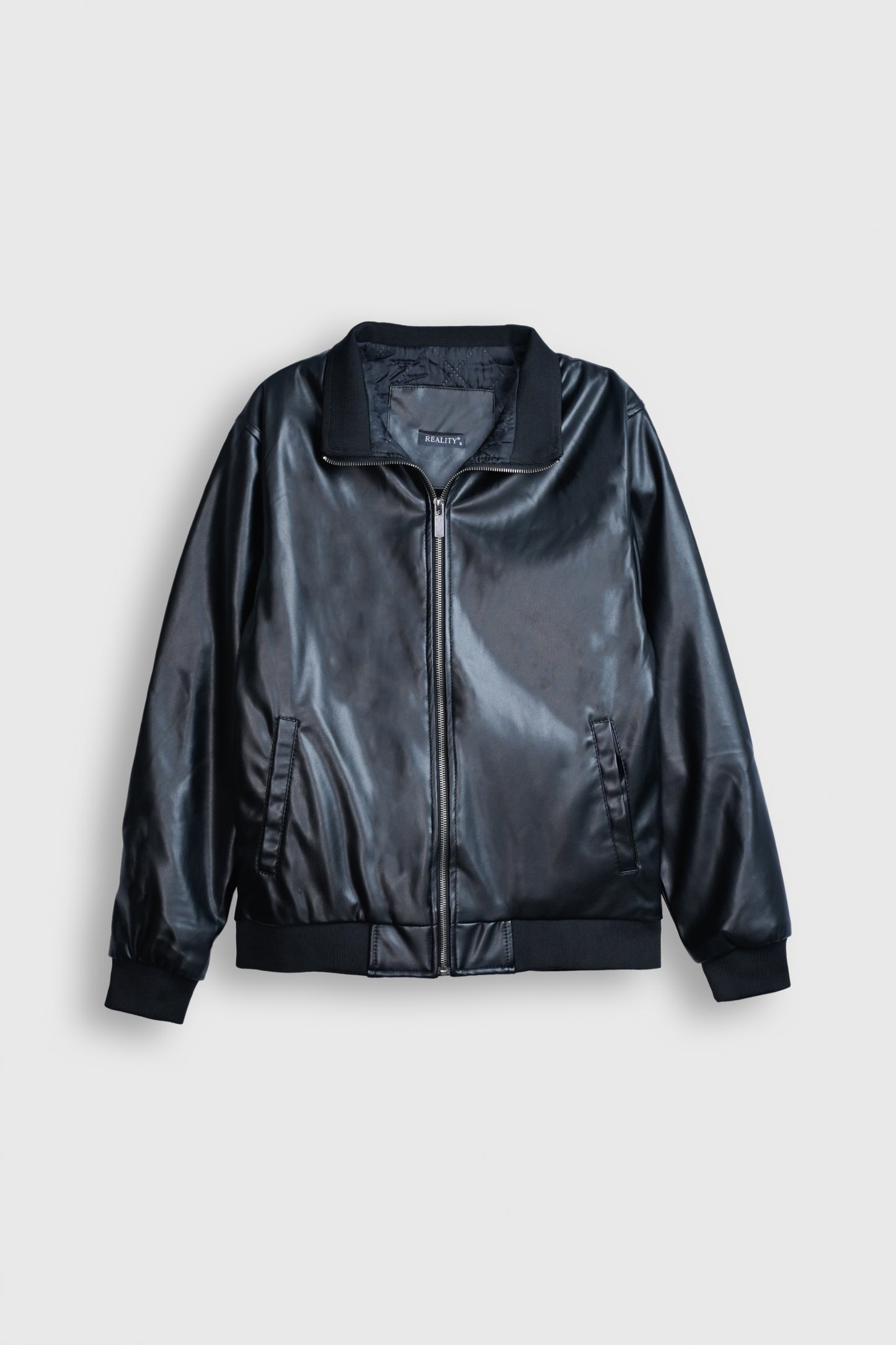 Midnight Noir Faux Leather Bomber Jacket Reality