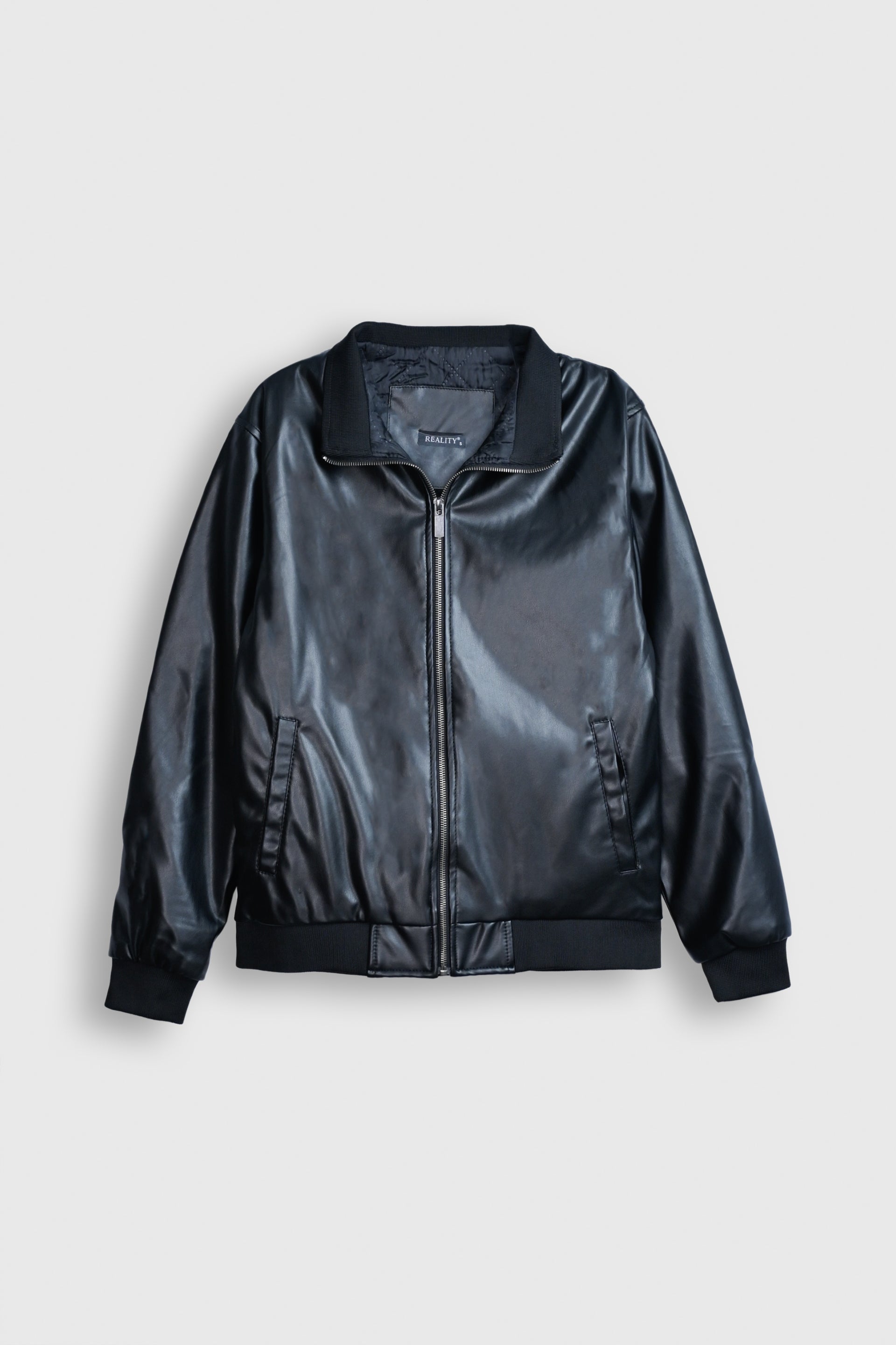 Midnight Noir Faux Leather Bomber Jacket Reality