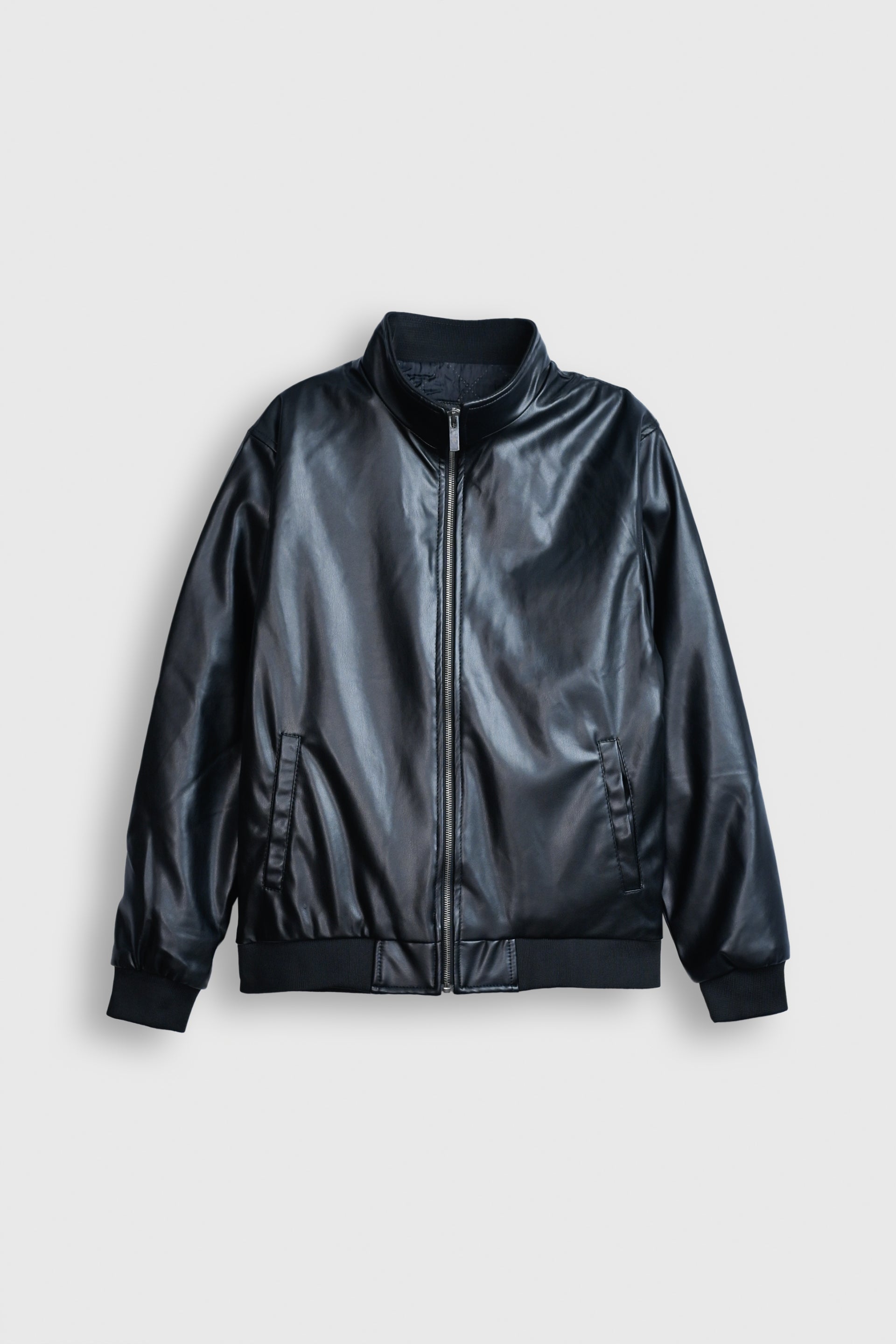 Midnight Noir Faux Leather Bomber Jacket Reality