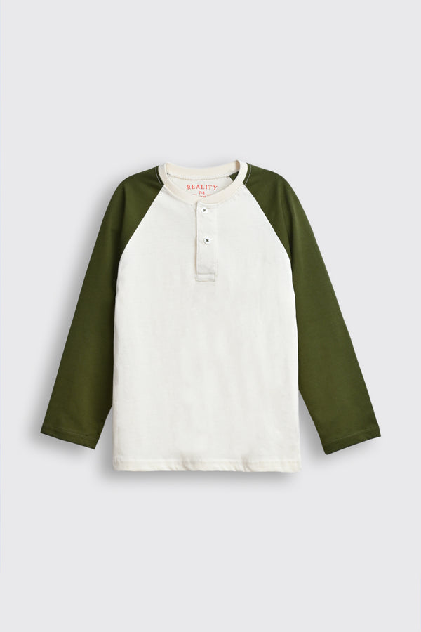 Green & Cream Raglan Sleeve Henley for Boys